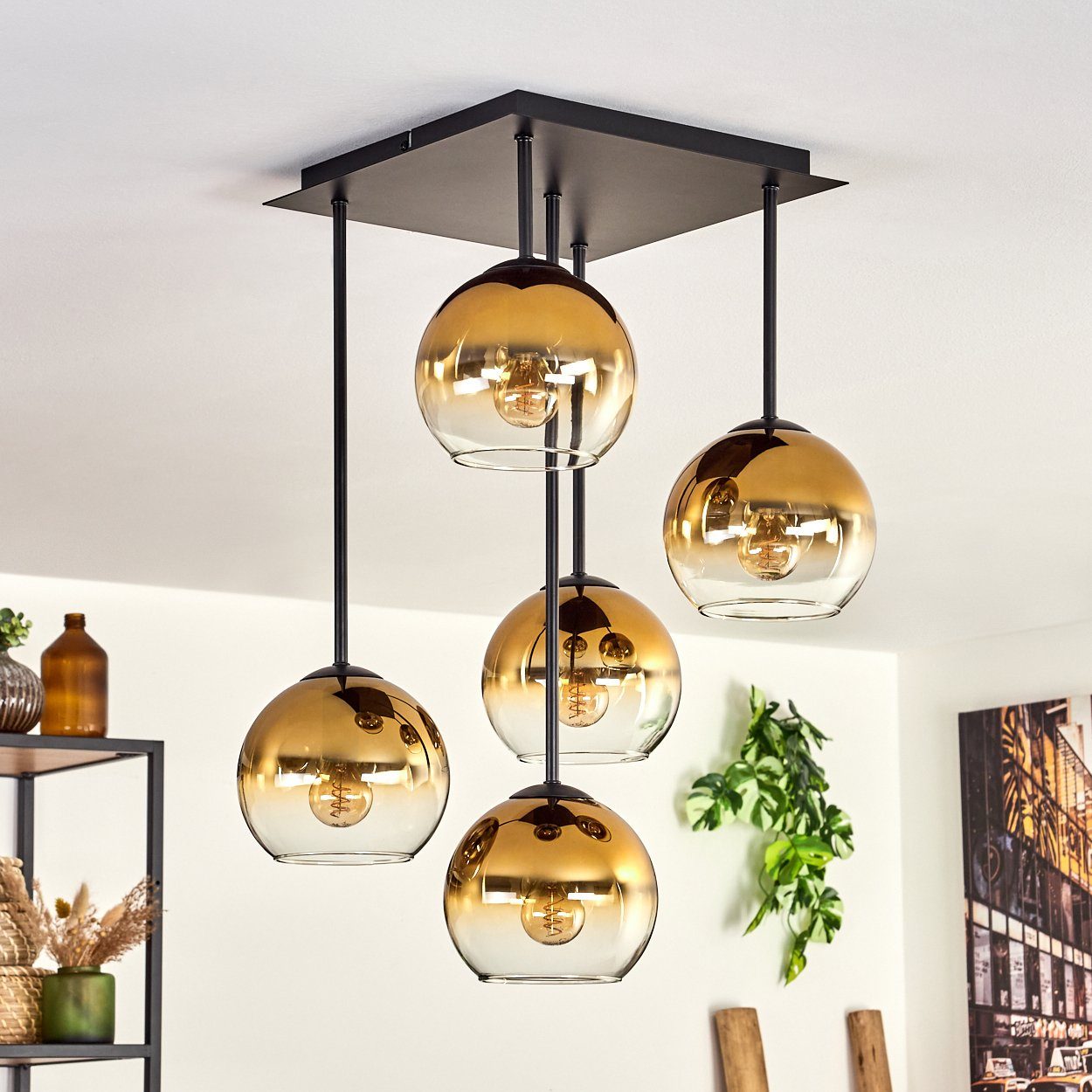 hofstein Deckenleuchte Deckenlampe aus Metall/Glas in Schwarz/Goldfarben/Klar, ohne Leuchtmittel, moderne Leuchte mit Glasschirmen (15 cm), 5 x E14, ohne Leuchtmittel