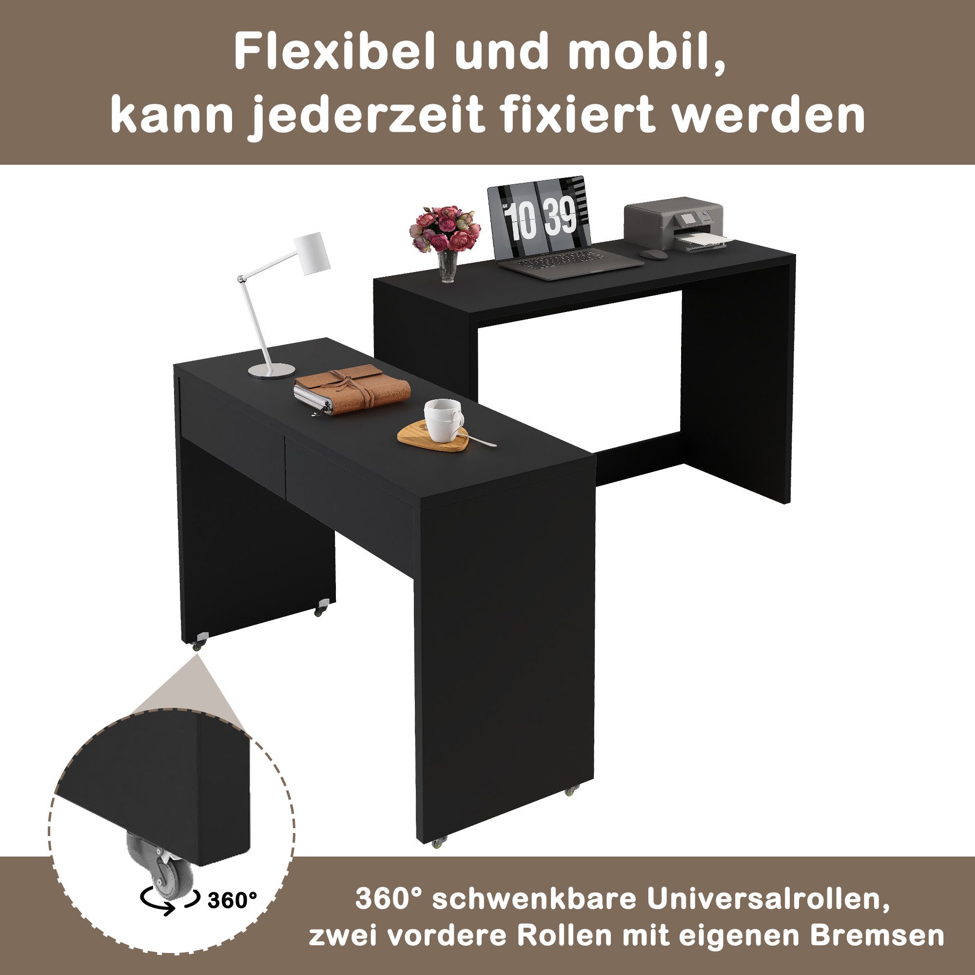 Flieks Schreibtisch Regalschreibtisch & ausziehbare Kommode 2-in-1 Kompaktschreibtisch (flexibel kombinierbar Tisch, 2-St., 2er Set), Arbeitstisch Bürotisch Computertisch mit Schubladen und Rollen Schwarz