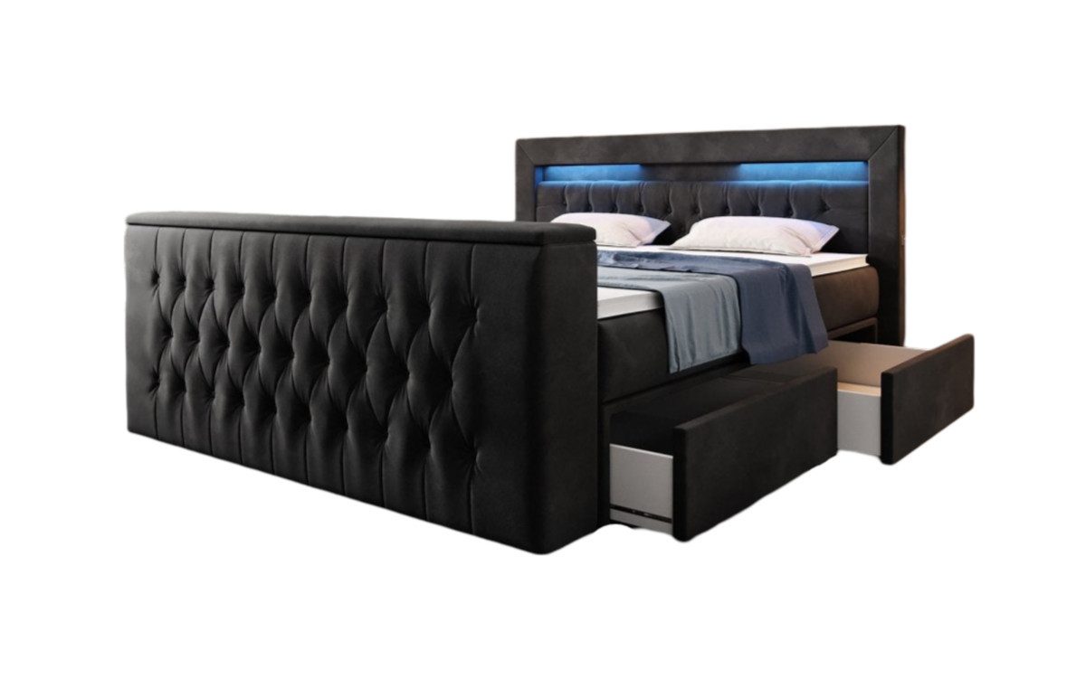 Luxusbetten24 Boxspringbett Menzogna, mit TV Lift, USB und Stauraum (2 Schubladen)