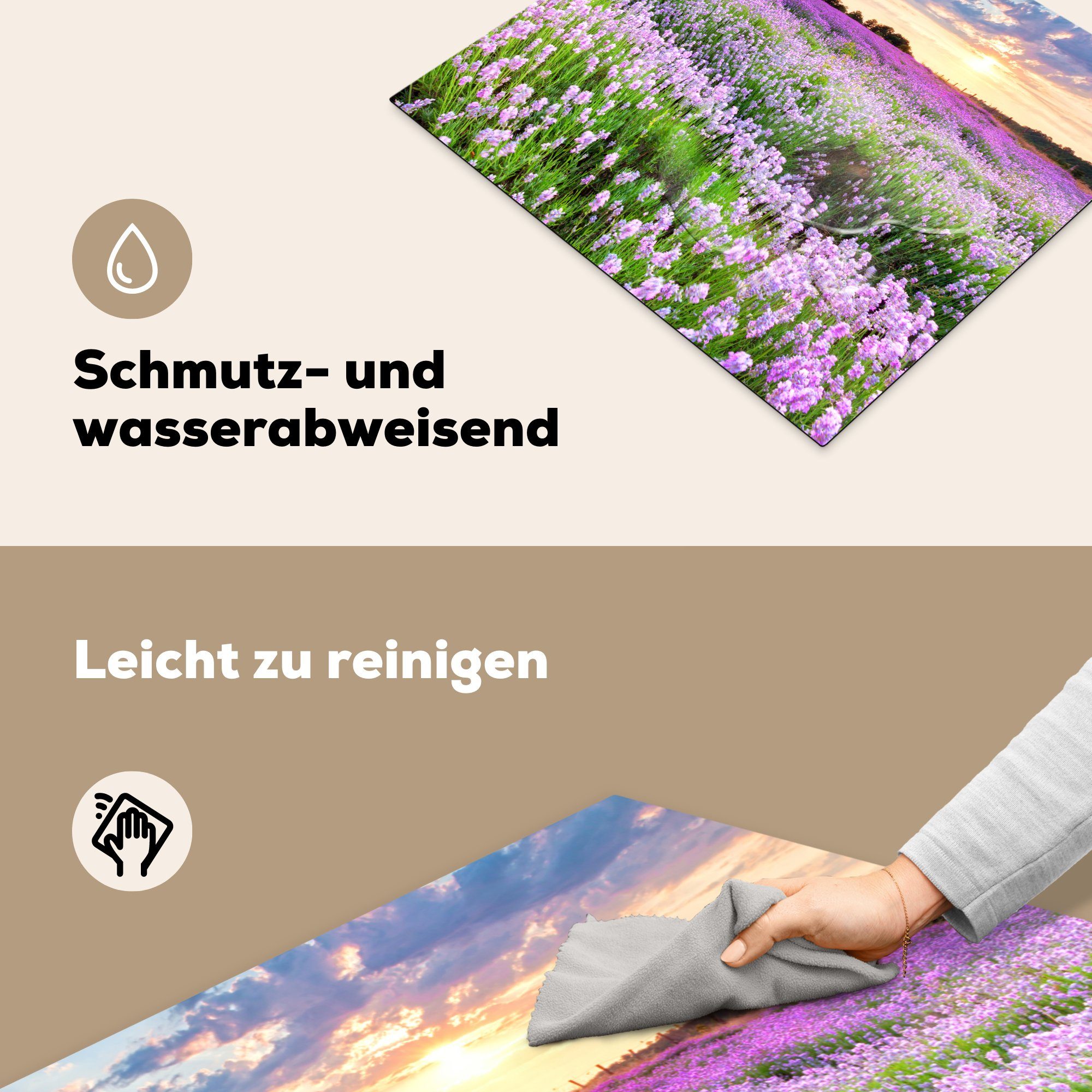 (1 - Vinyl, Sonnenuntergang Dekoration 58x51 Lavendel Küchen - Wiese, Blumen Lila Induktionskochfeld cm, - Induktionsherd, tlg), MuchoWow für Herdblende-/Abdeckplatte -