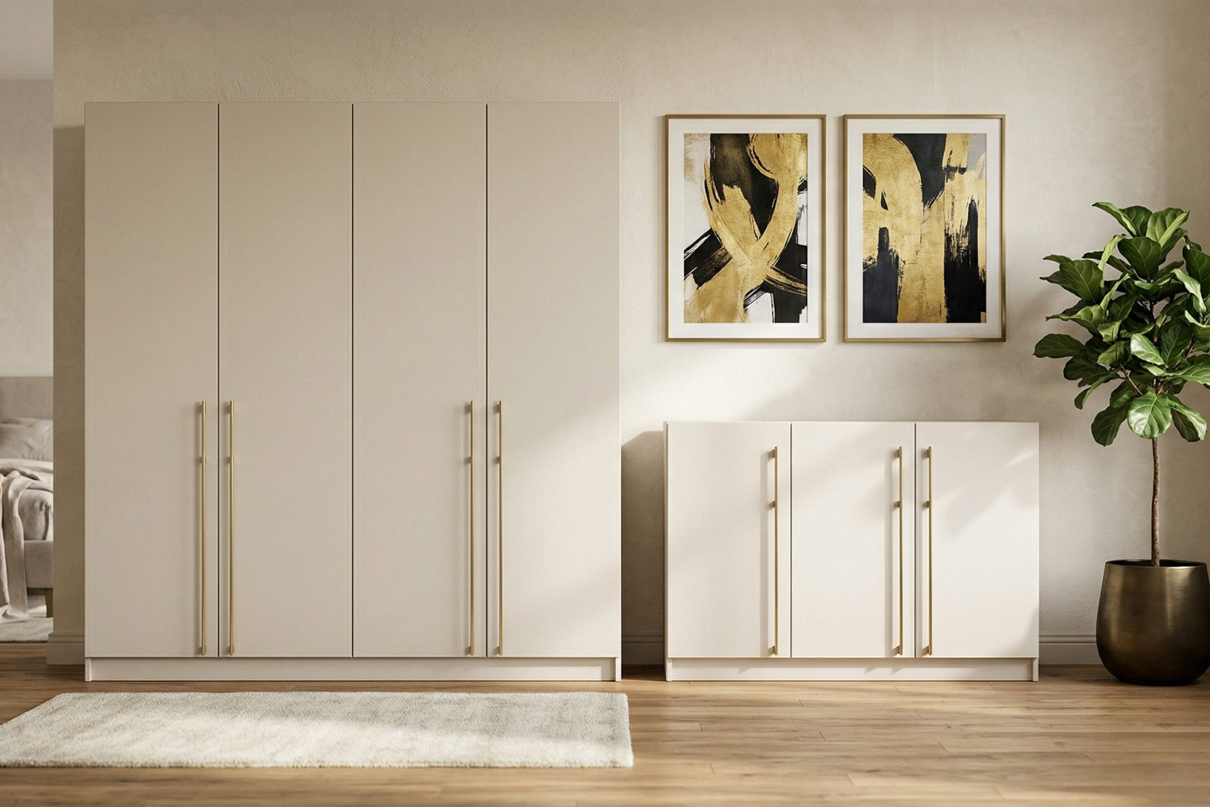 Deine Möbel 24 Schlafzimmer-Set C MIRELO mit 4- oder 6-türigem Kleiderschrank & 3-türiger Kommode, (ideal für Schlafzimmer, Ankleiderzimmer & Flur, 2-tlg., Kleiderschrank 200 cm 4-türig oder 230 cm 6-türig & Kommode 134 cm), Möbel-Set in Weiß matt oder Kaschmir, goldfarbene Griffe