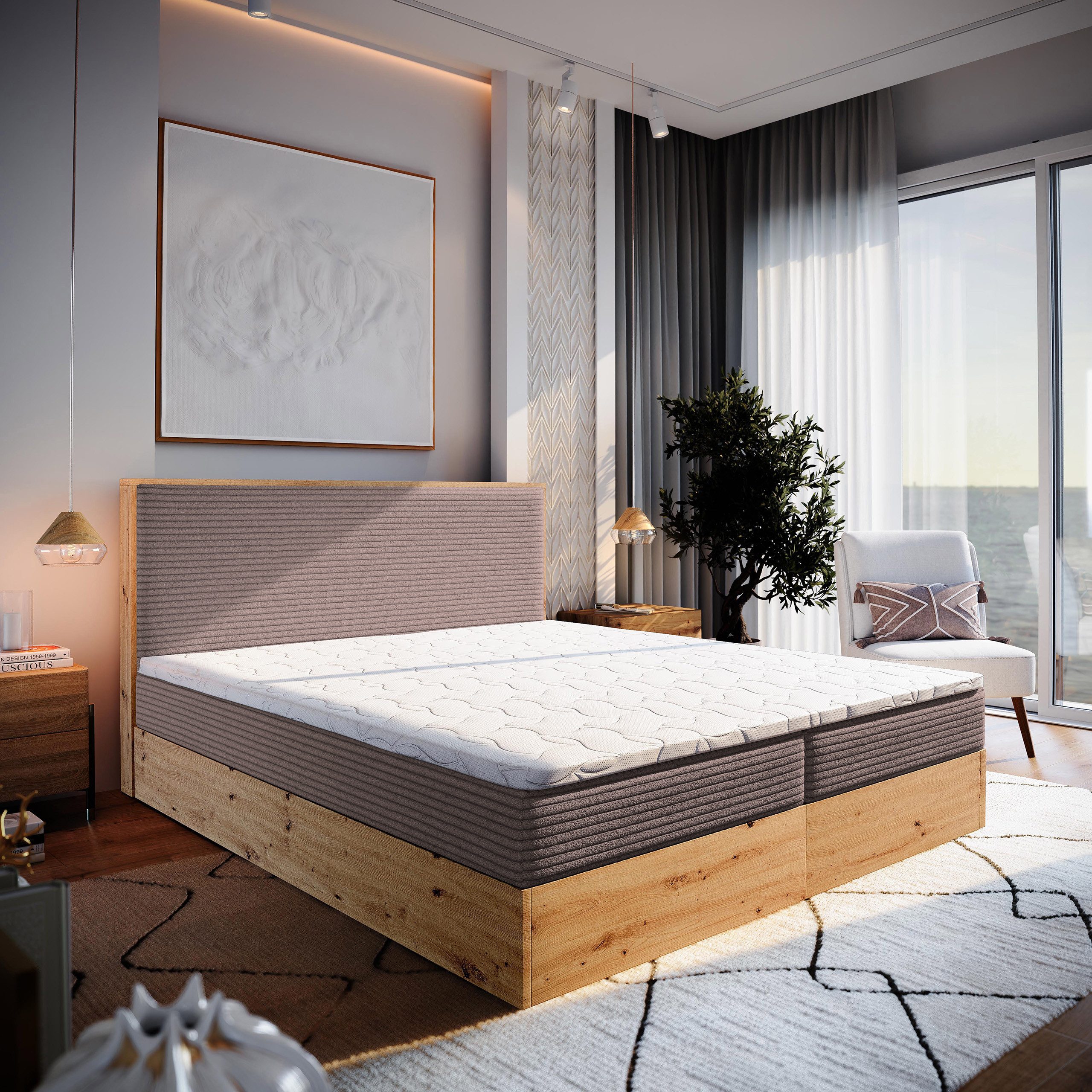 Masseno Boxbett VERDON 180x200 cm mit Bonell Matratze und Topper, Doppelbett, Polsterbett mit Kopfteil, Boxspringbett
