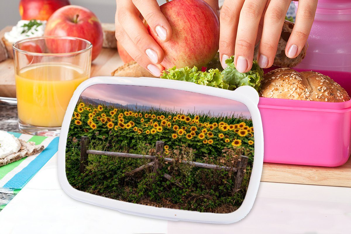 Brotdose Mädchen, Snackbox, - MuchoWow Brotbox Blumen Erwachsene, Kunststoff rosa - für Lunchbox Kunststoff, (2-tlg), Kinder, Sonnenblume Pflanzen,