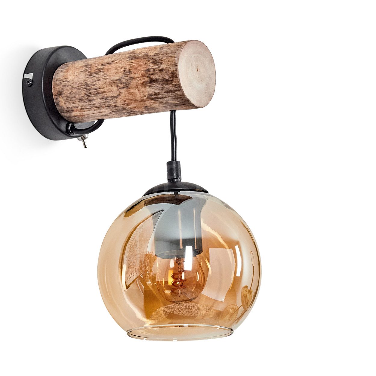 hofstein Wandleuchte Wandlampe aus Metall/Holz/Glas in Schwarz/Natur/Bernst günstig online kaufen