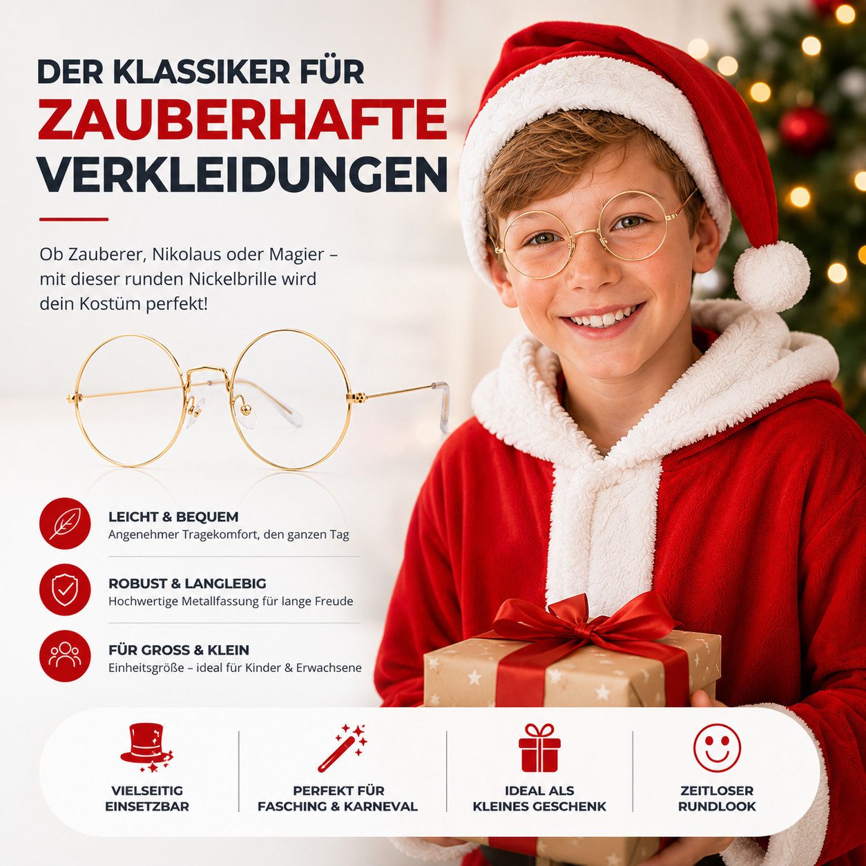 MerryXmas Kostüm 1x Nikolausbrille rund - Nikolaus Accessoire für Weihnachten