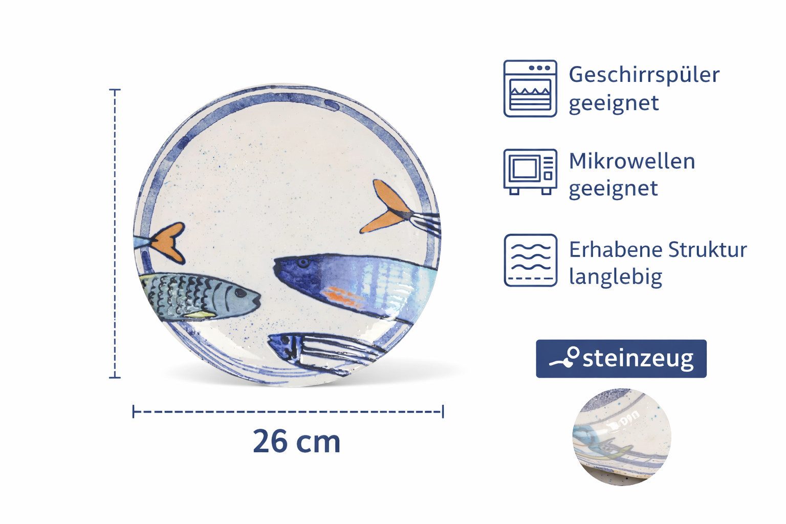 WestCraft Speiseteller Teller im mediterranen Design mit Sardinen-Motiv 2.0, Maritime Teller, (4 St), 4er Set, hochwertig und robust - langlebig und vielseitig  – Bild 3 von 5