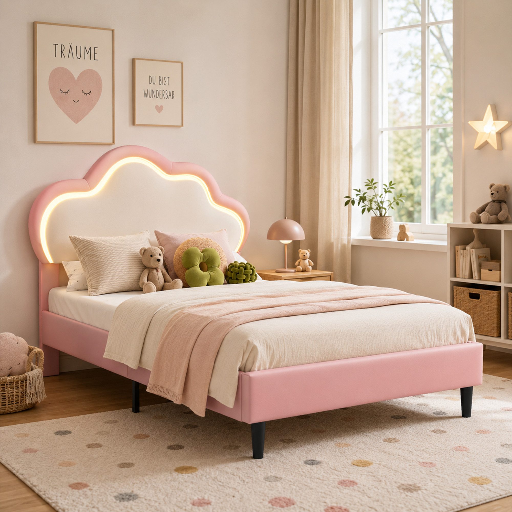 Simurq Einzelbett Polsterbett 90x200, Mädchenbett im Wolken-Design mit LED, Einzelbett, LED Einzelbett 90x200cm