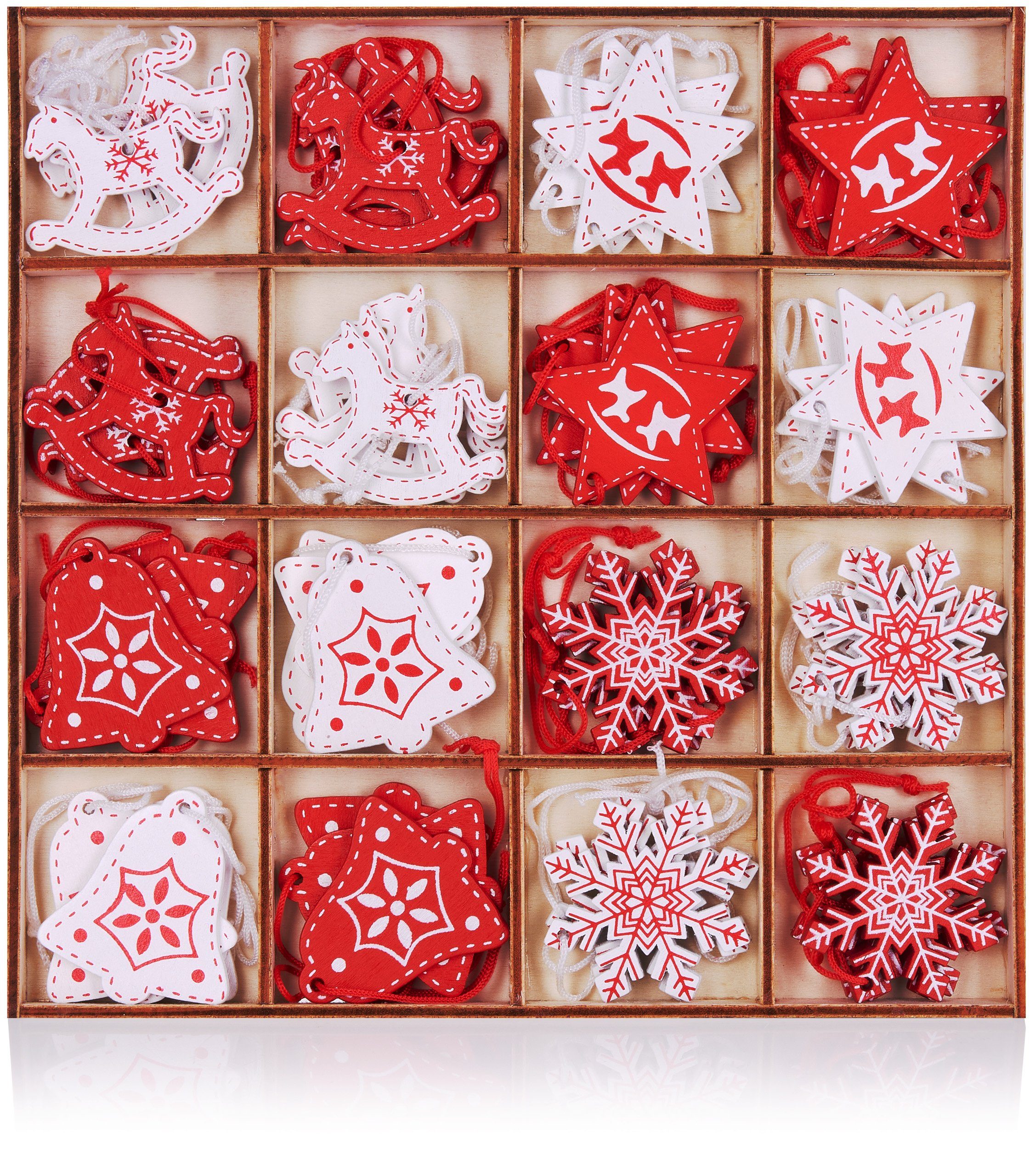 BRUBAKER Christbaumschmuck Weihnachtsbaumschmuck Set (48-tlg), Holz Christbaumanhänger - Rot und Weiße Weihnachtsanhänger, 3-4 cm