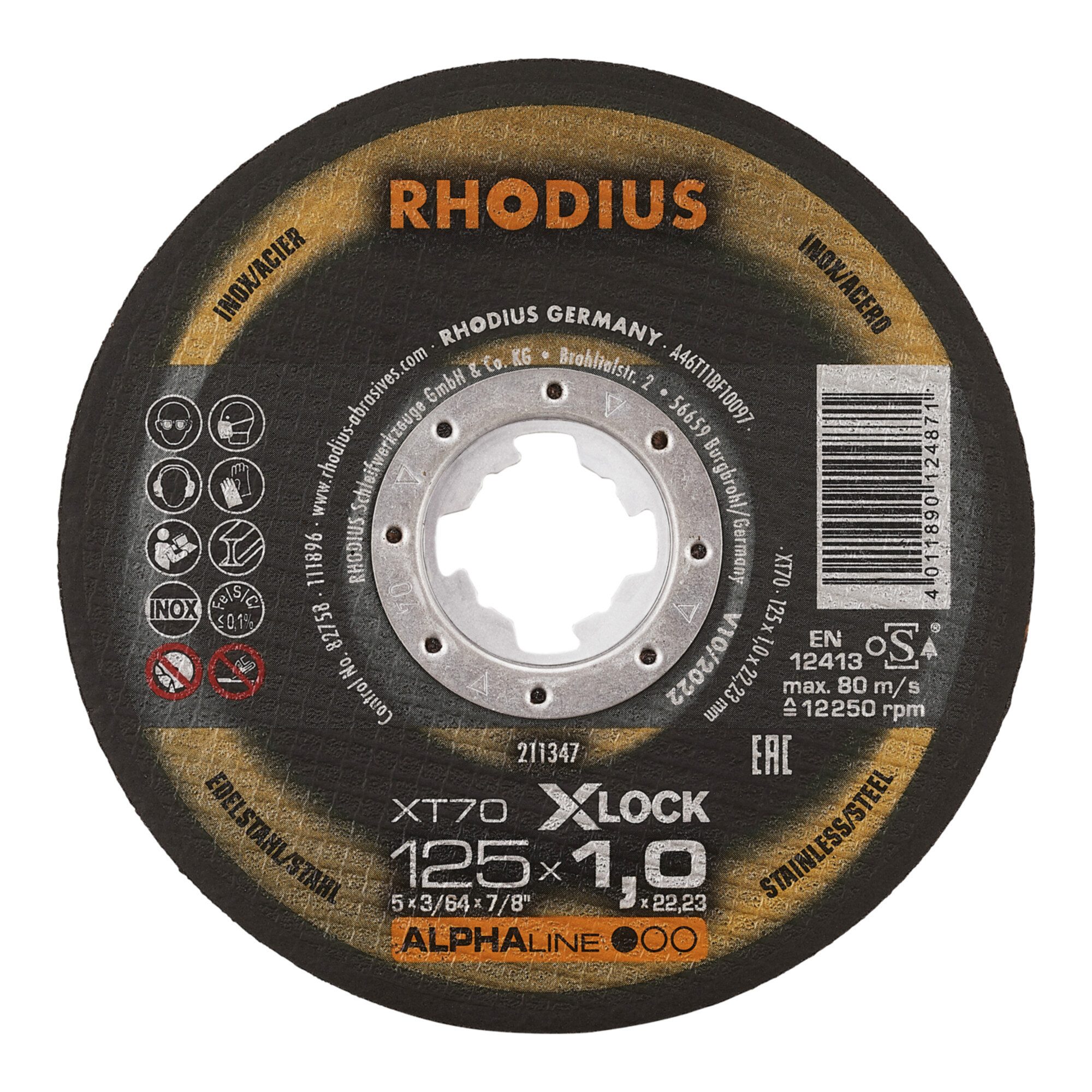 Rhodius Trennscheibe RHODIUS ALPHAline XT70 X-LOCK Extradünne Trennscheibe 125 x 1,5 x 22,2