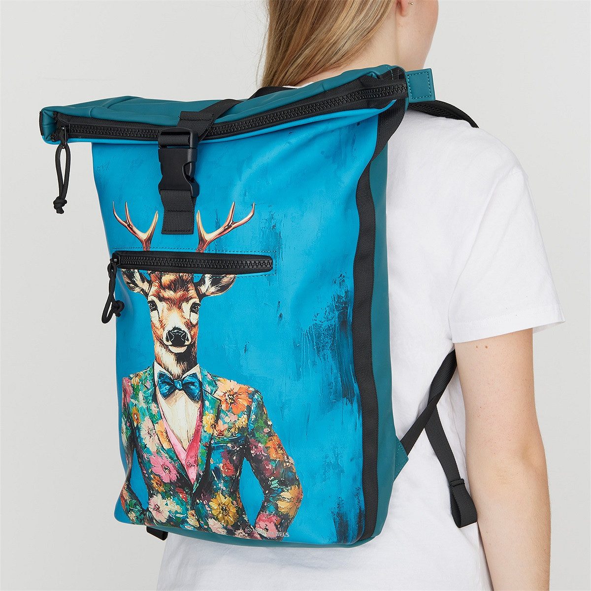 NEW REBELS Laptoprucksack Roll Up RollTop Kurier Rucksack Freizeitrucksack Mart Art New York, wasserabweisend, Laptopfach, Kunstmotiv Hirsch