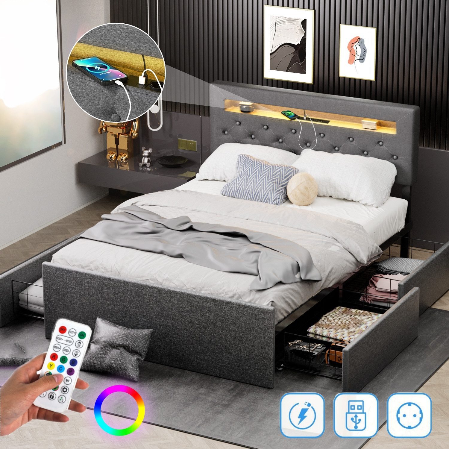 oyajia Polsterbett LED-Beleuchtung Doppelbett 140x200cm mit günstig online kaufen