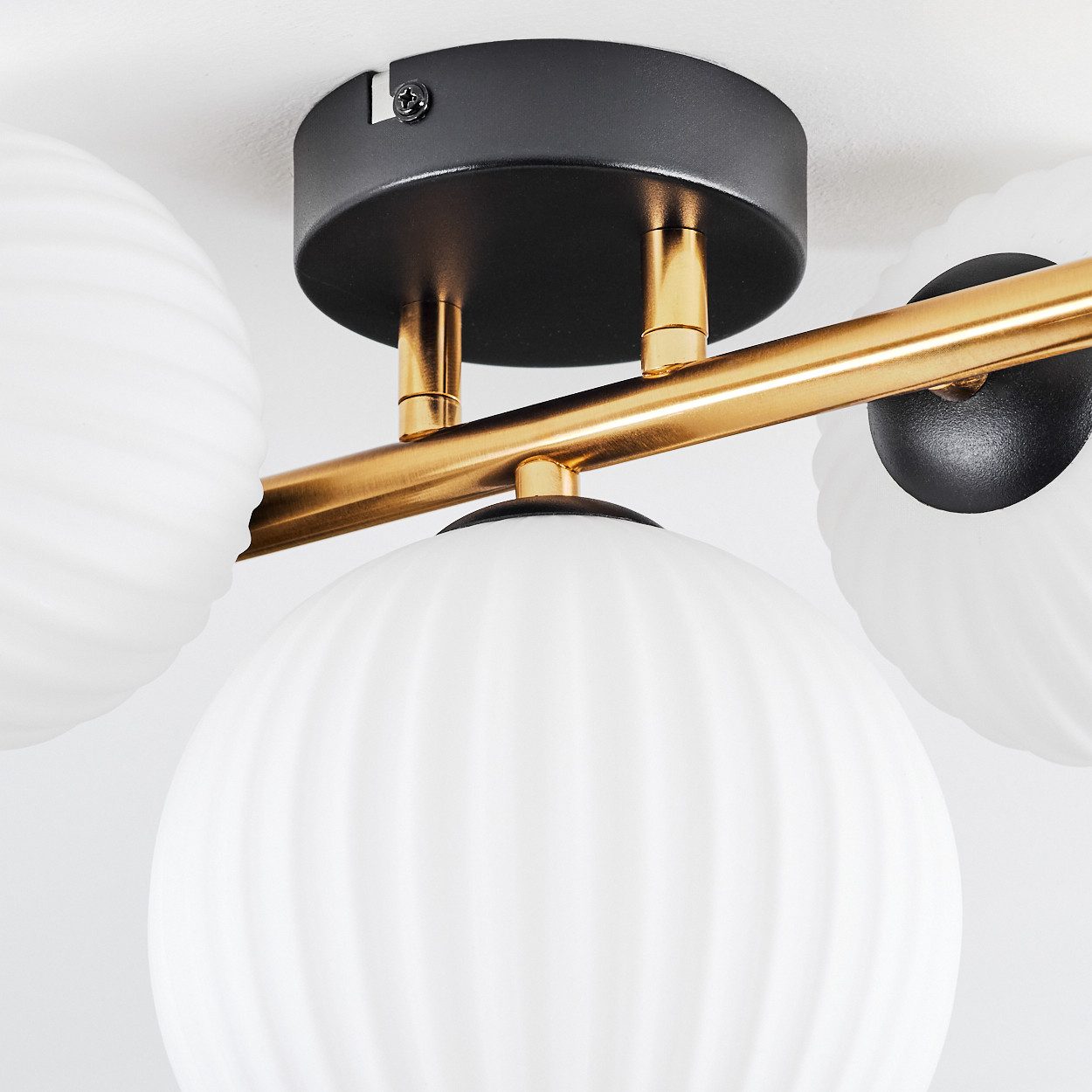 hofstein Deckenleuchte Deckenlampe aus Metall/Riffelglas/Milchglas in Schwarz/Gold/Weiß, Deckenleuchte im modernen Vintage-Design (Schirme Ø 12; 15 cm), 3 x G9