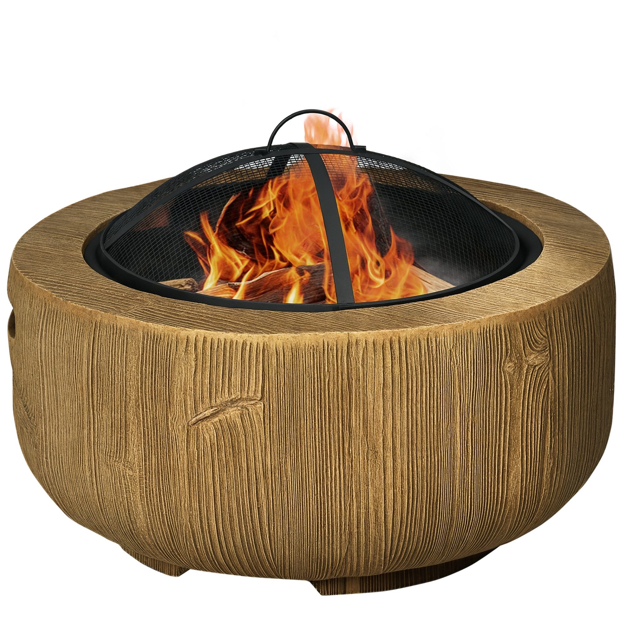 Outsunny Feuerschale mit Schürhaken, im Baumstumpf-Design, (Feuerschale, 1-St., Feuerstelle mit Deckel), Stahl, für Garten, Camping, Braun
