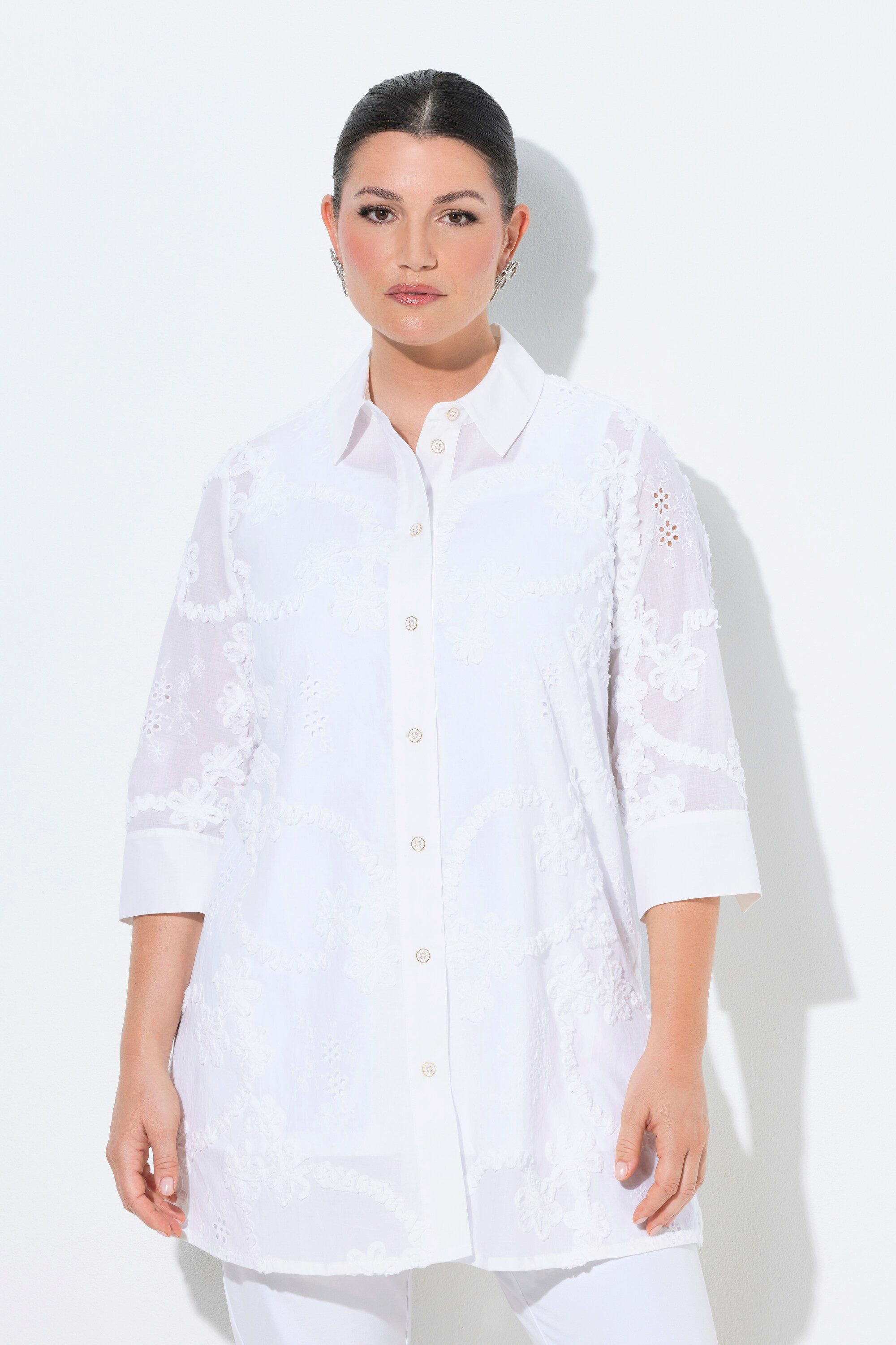 Longbluse Longbluse Stickerei Hemdkragen 3/4-Arm