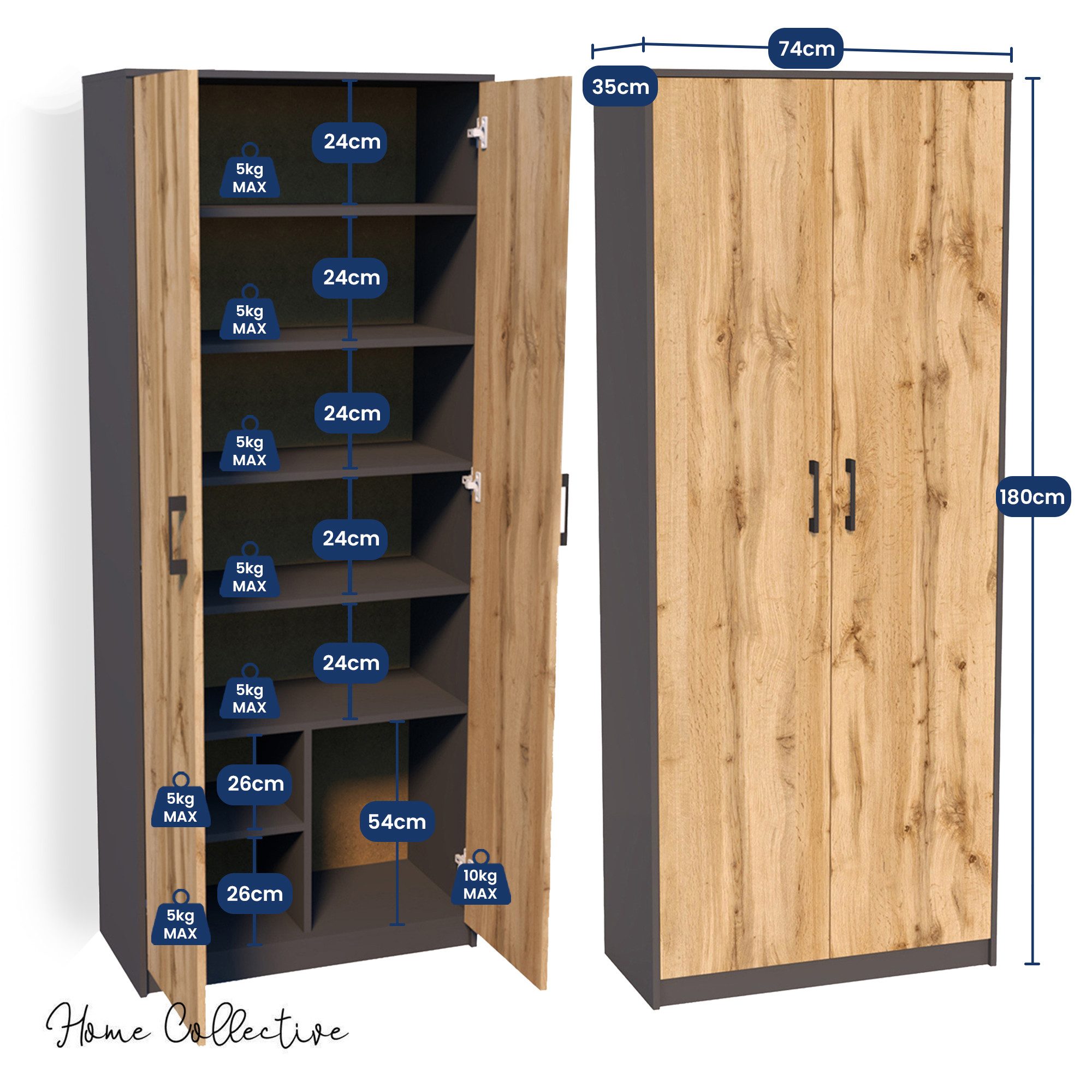 Home Collective Mehrzweckschrank mit 8 Fächern Besenschrank Haushaltsschrank (74 cm breit aus Laminatplatte und hochwertigen Polymergriffen) in mattem Finish mit 6 Einlegeböden und 2 Türen graphit Eiche