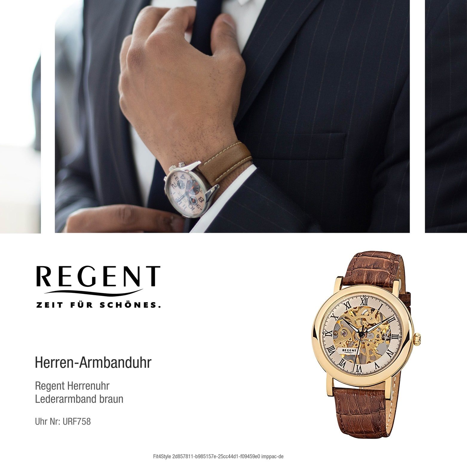 braun, groß Regent Herren Uhr Handaufzug, Regent Gehäuse, Lederarmband rundes F-758 40mm) (ca. Quarzuhr Leder Herrenuhr