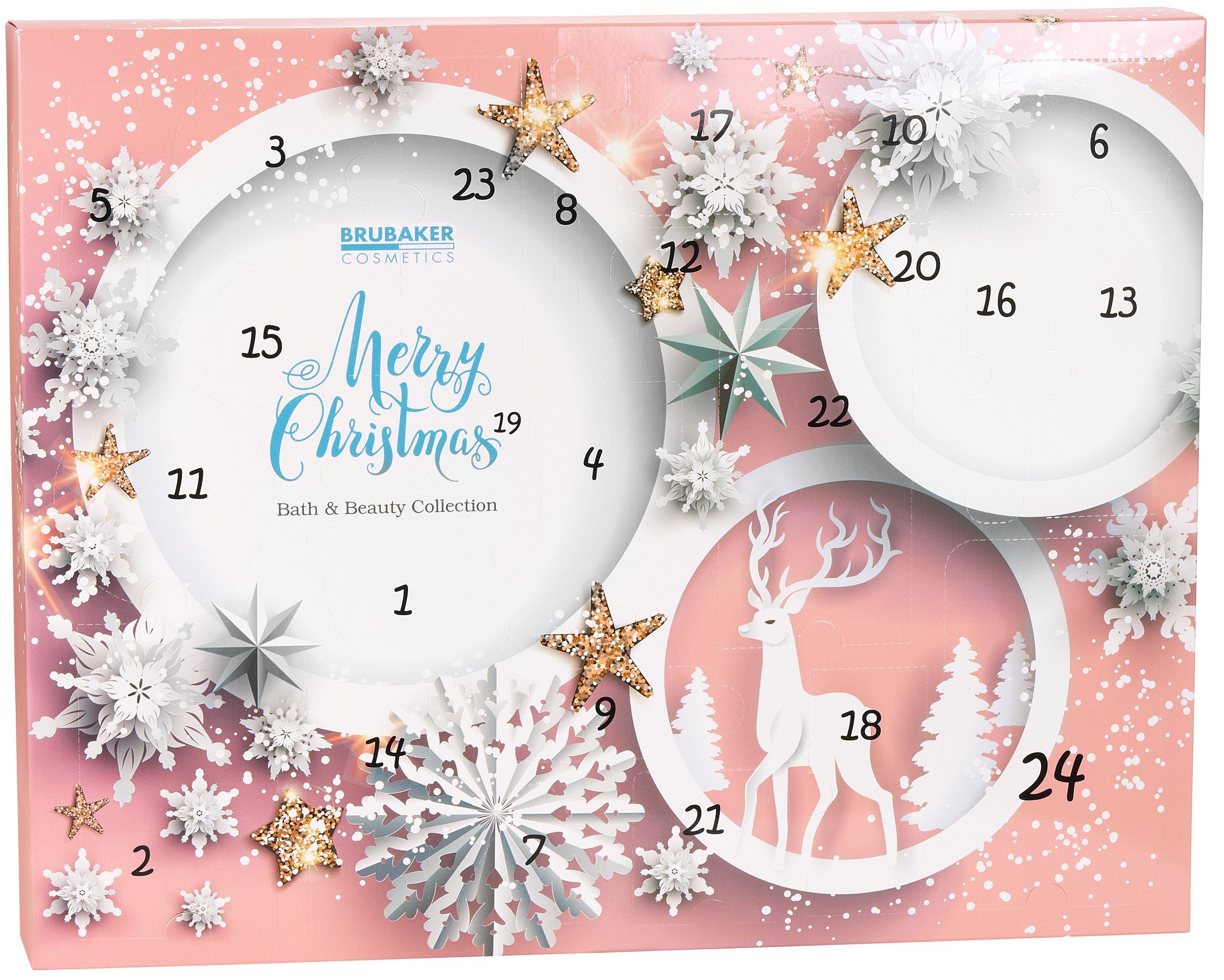 BRUBAKER Adventskalender XXL Beauty Weihnachtskalender - Sterne und Schneeflocken - Rosa (Pflege Produkte & Spa Accessoires, 24-tlg), Wellness Kalender Weihnachten für Frauen und Mädchen