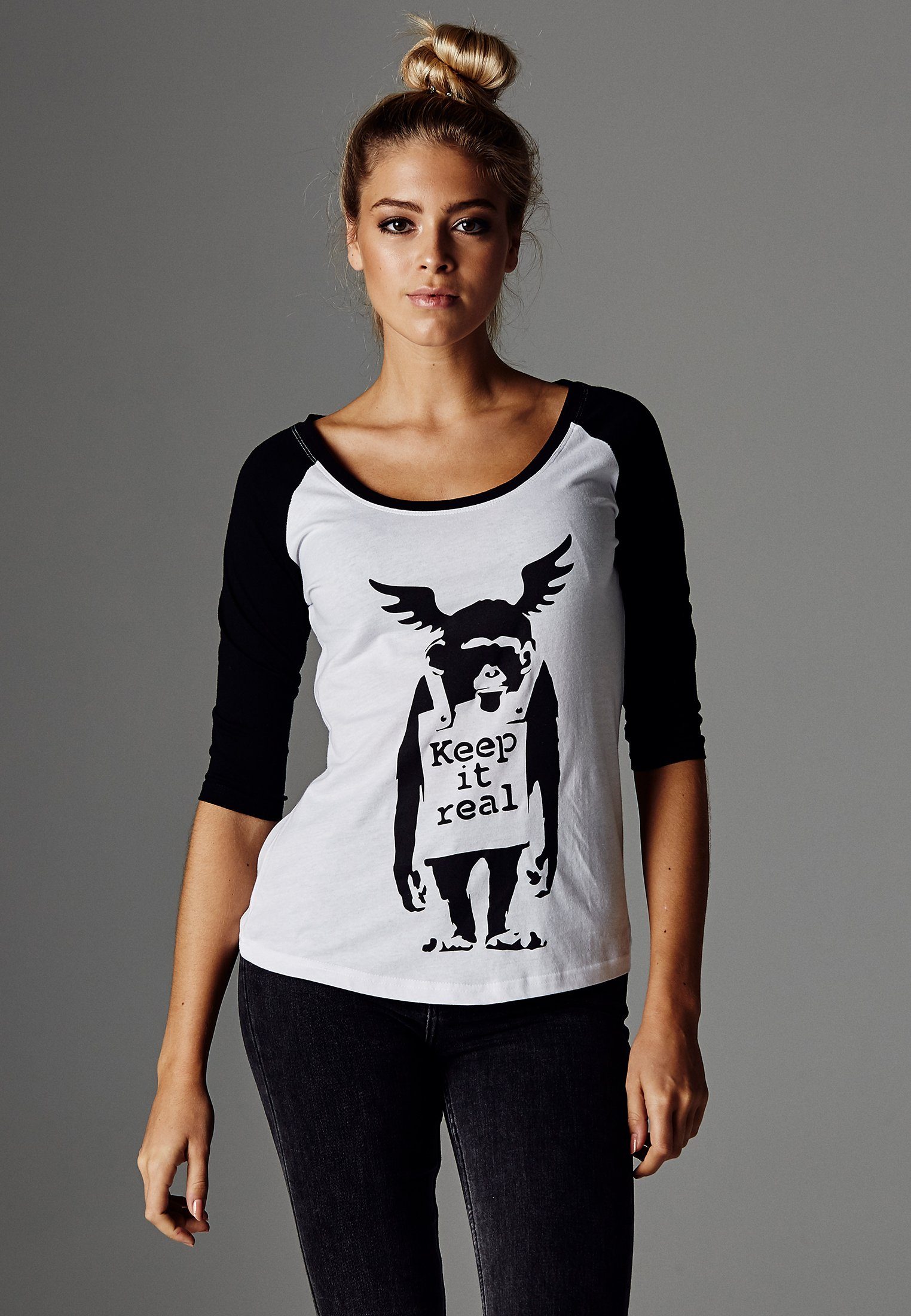 Merchcode Kurzarmshirt Damen Ladies Brandalised - Banksy´s Graffiti Ape Raglan Tee (1-tlg) | T-Shirts