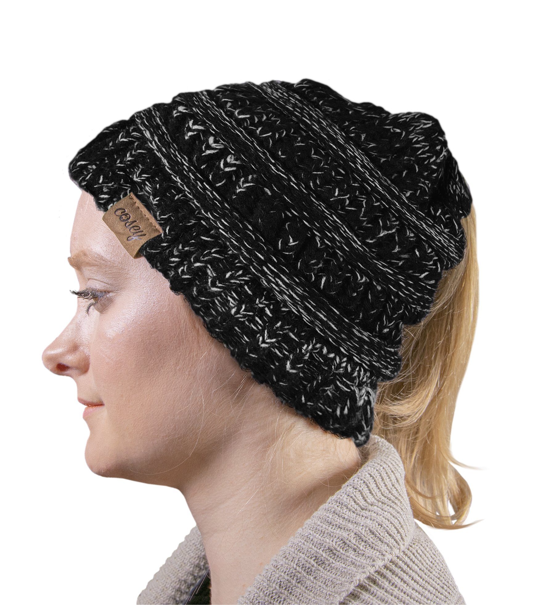 cosey Strickmütze Pferdeschwanz-Mütze mit Zopfloch für Damen und Mädchen (gesprenkelt oder einfarbig) Schwarz-Weiß | Strickmützen