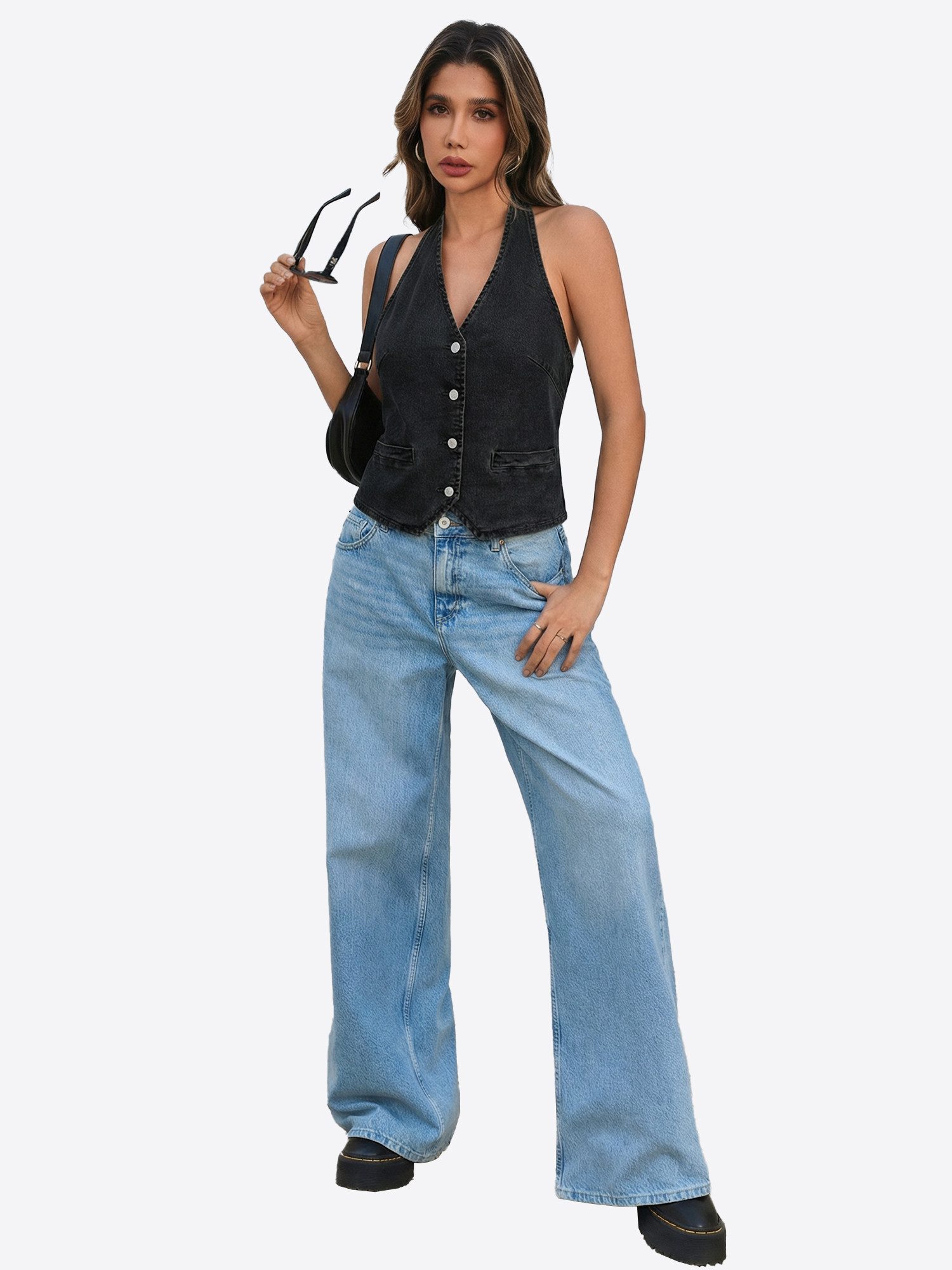 Imily Bela Jeansweste Damen Weste mit V-Ausschnitt und Rückenausschnitt (Packung, 1-tlg., 1per-Pack) mit Knöpfen