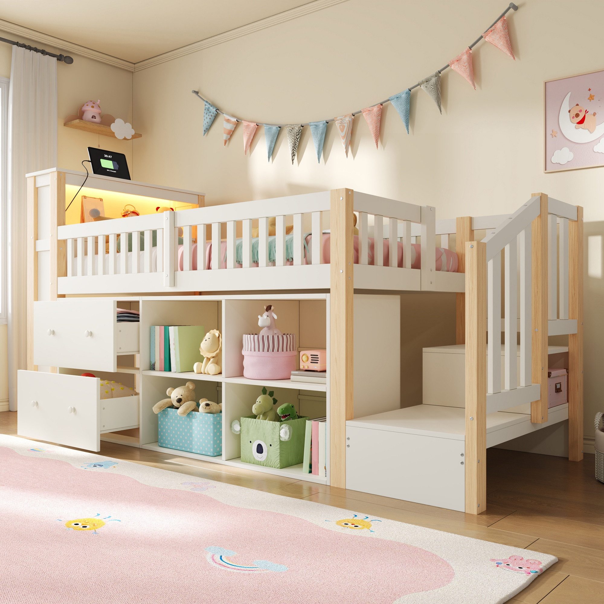 Merax Kinderbett 90x200cm mit LED-Beleuchtung und USB-Anschluss, Kiefernholz Hochbett (1-tlg), Halbhohes Bett Stauraumbett mit Schubladen Leiterschrank Regalen