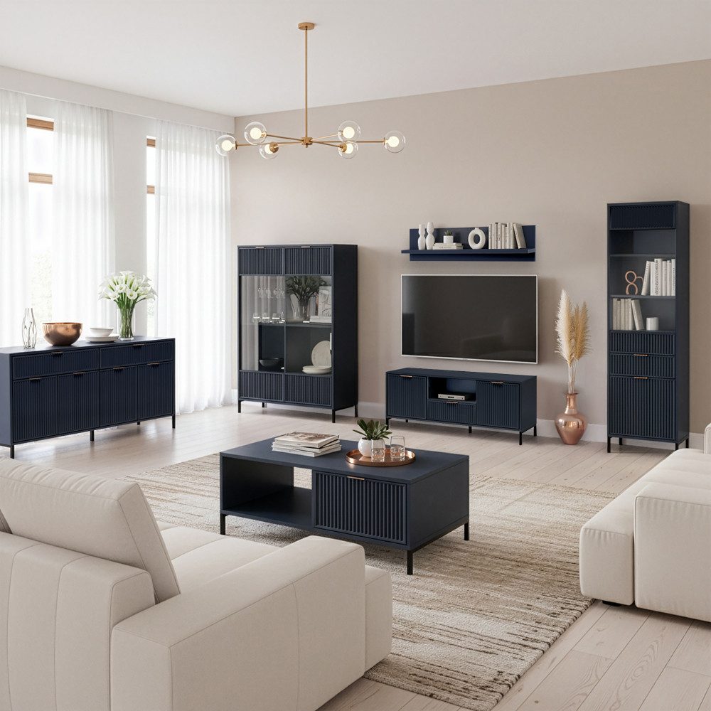 Lomadox Wohnwand LAURO-161, (6-St., Sideboard Vitrine Wandregal Lowboard Highboard Couchtisch), Wohnzimmer Set Indigo blau modern mit Rillenoptik und Beleuchtung