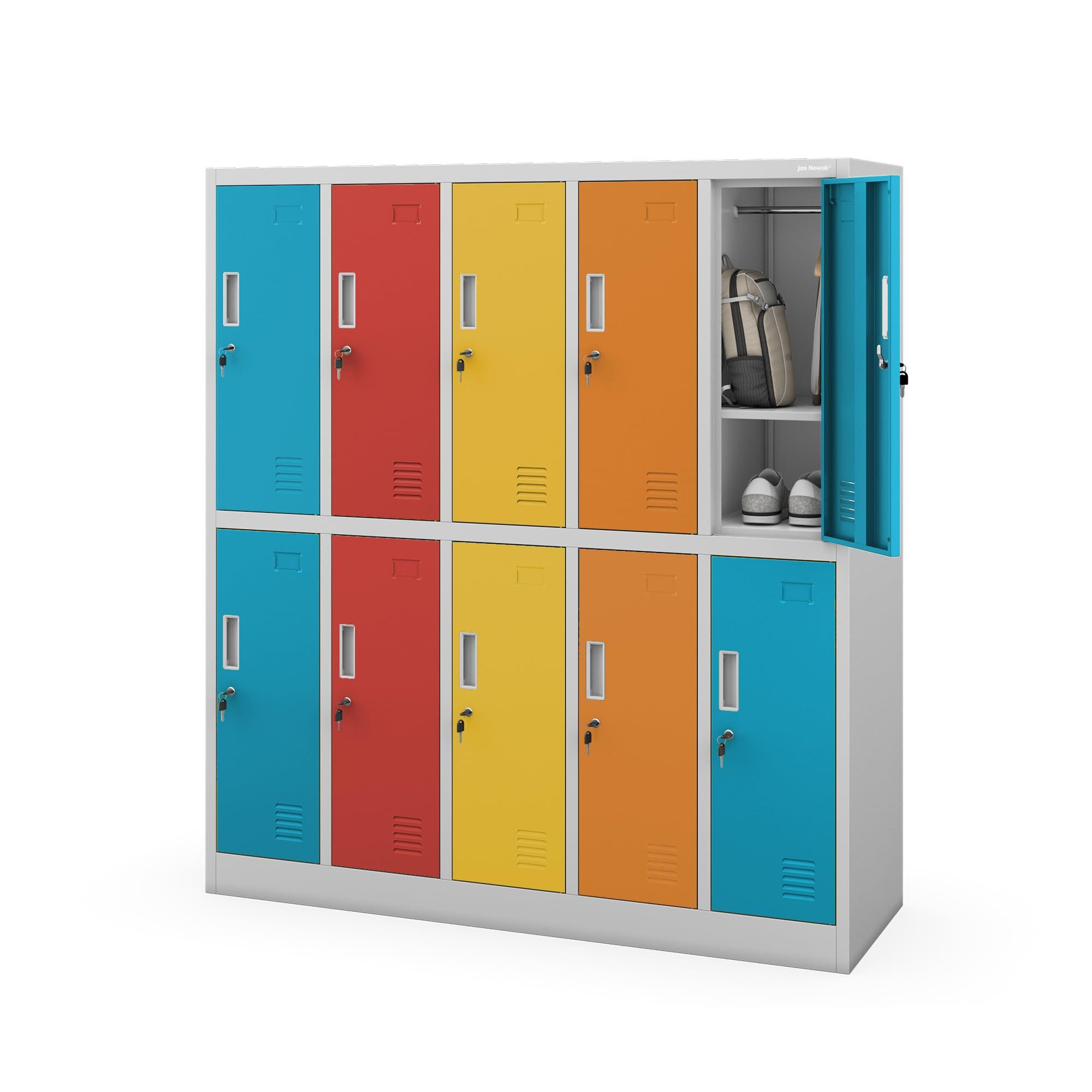 Jan Nowak Mehrzweckschrank Metall Schulspind 136 cm BARTUS 10 Fächer abschließbar 150 cm (Spind Kindergartenspind Umkleide Sportverein Flur Kinder, 0,6 mm 150 x 136 x 45 cm Wandmontage Zylinderschloss 30 kg 66 kg) Lüftungsschlitze Namensschildhalter Kleiderstange Ablage 5 Farben