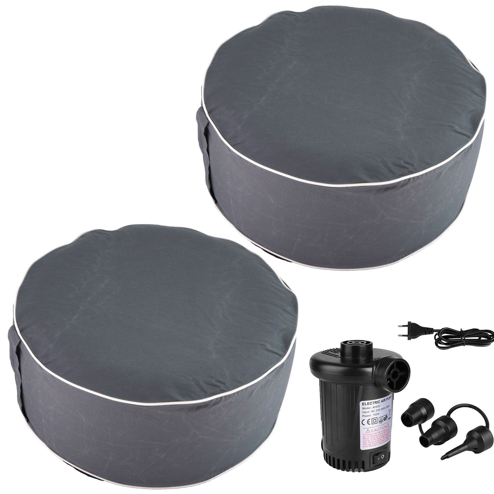 HAC24 Pouf 2x Aufblasbarer Pouf Sitzhocker Outdoor Sitzsack Grau Sitzkissen (Set, 3-St), 54 x 26 cm, Inkl. Elektrische Luftpumpe mit 3 Ventil-Aufsätze