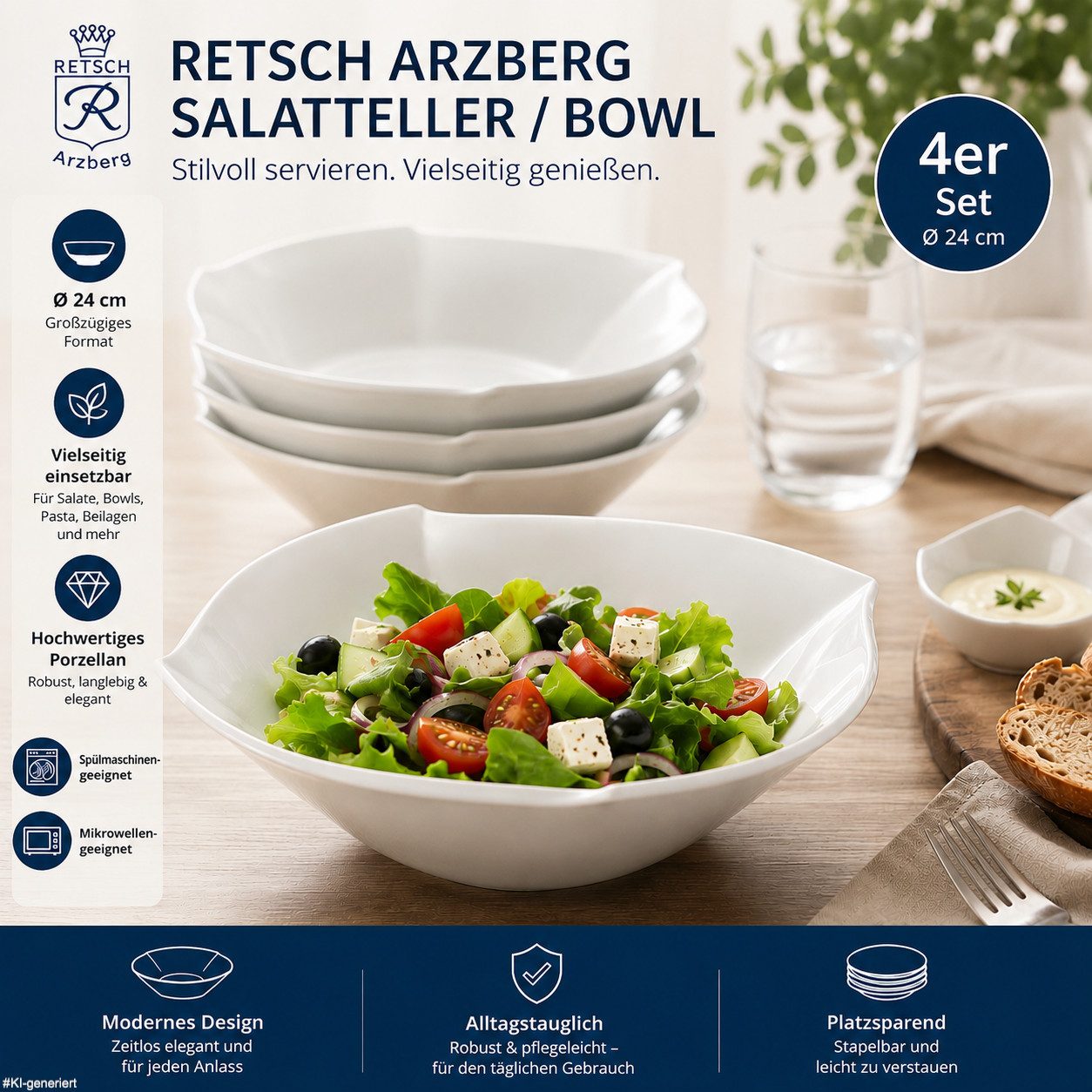 Retsch Arzberg Salatteller & Bowl-Teller aus Porzellan Ø 24 cm, (4 St), Große Tiefe-Teller für Bowls, Pasta, Beilagen & Dessert