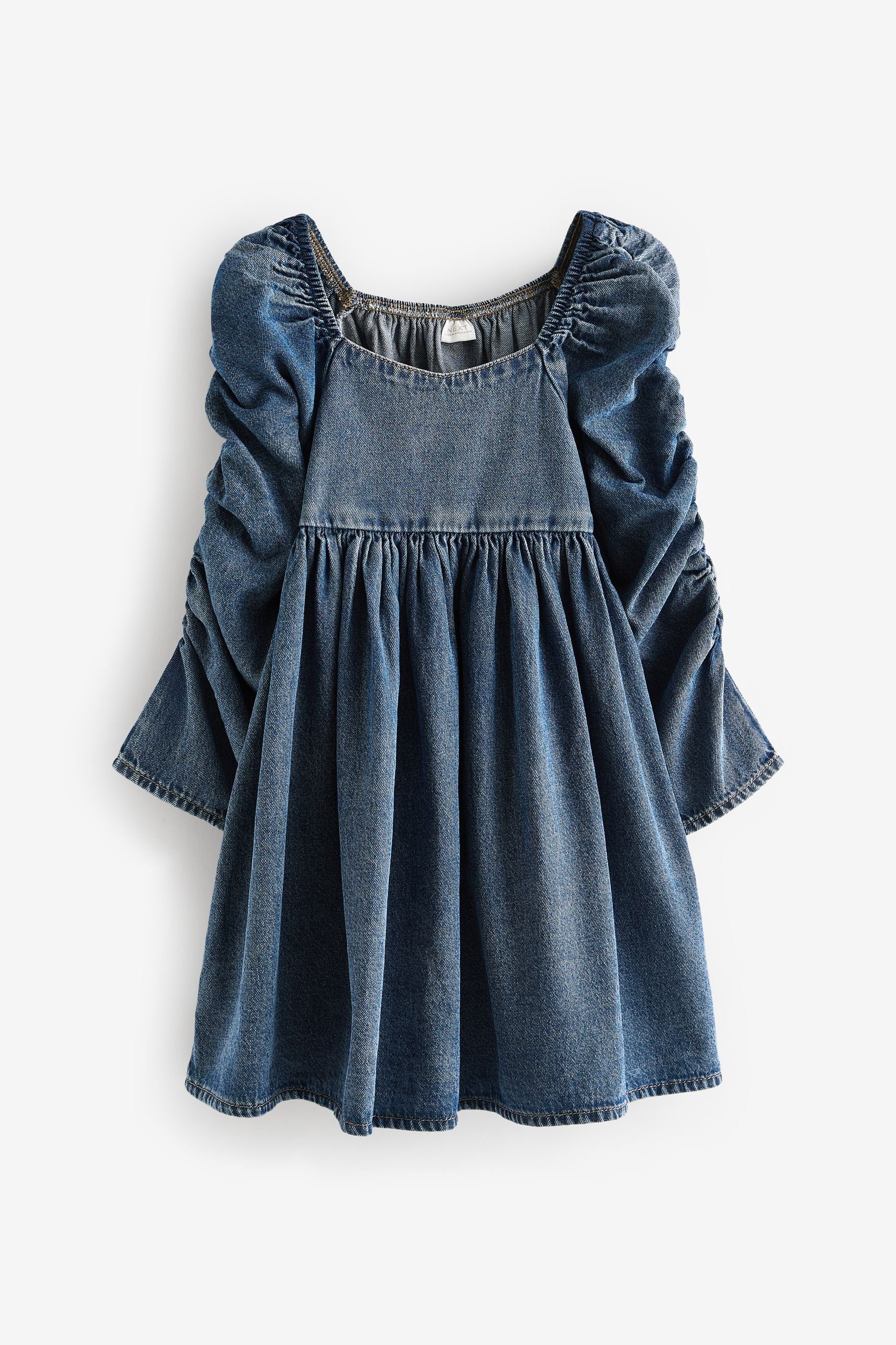 Kleid Next Raffärmeln (1-tlg) Denim Blue Bedrucktes Druckkleid mit