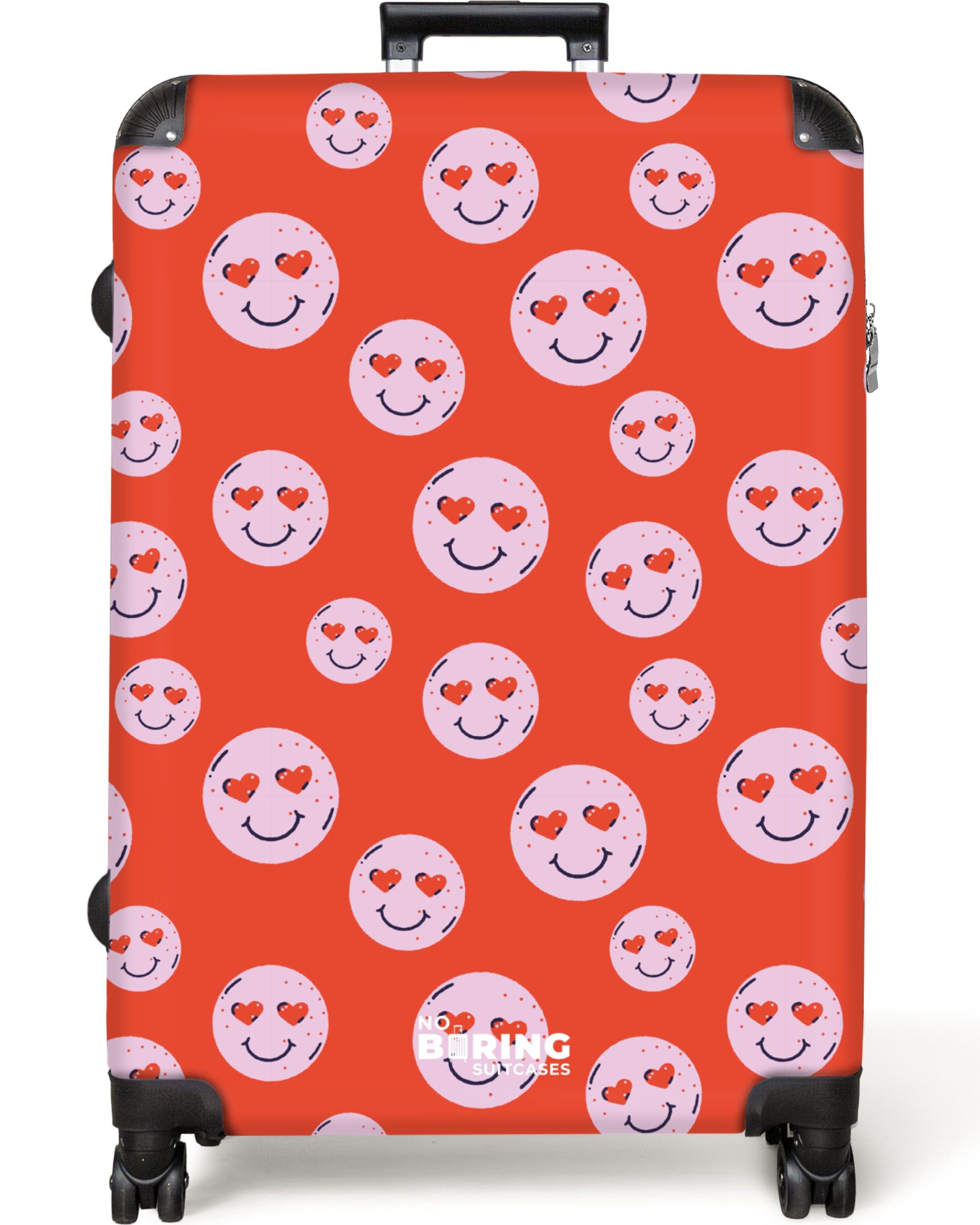 NoBoringSuitcases.com© Hartschalen-Trolley Rot mit rosa Smileys günstig online kaufen