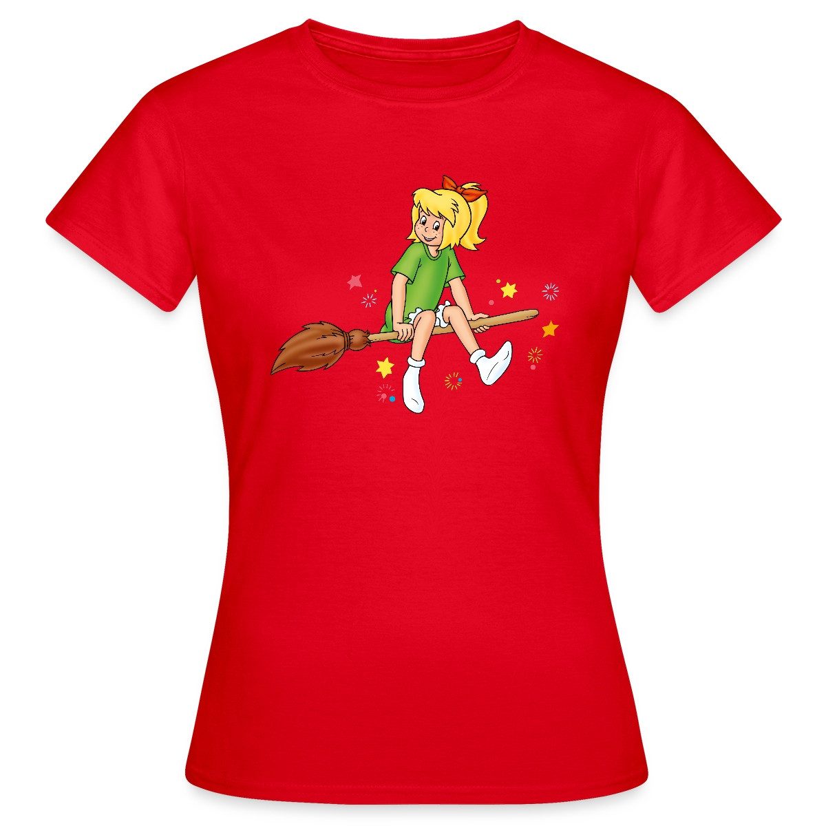 Spreadshirt T-Shirt Bibi Blocksberg Sitzt Sicher Auf Besen Kartoffelbrei Frauen T-Shirt (1-tlg)