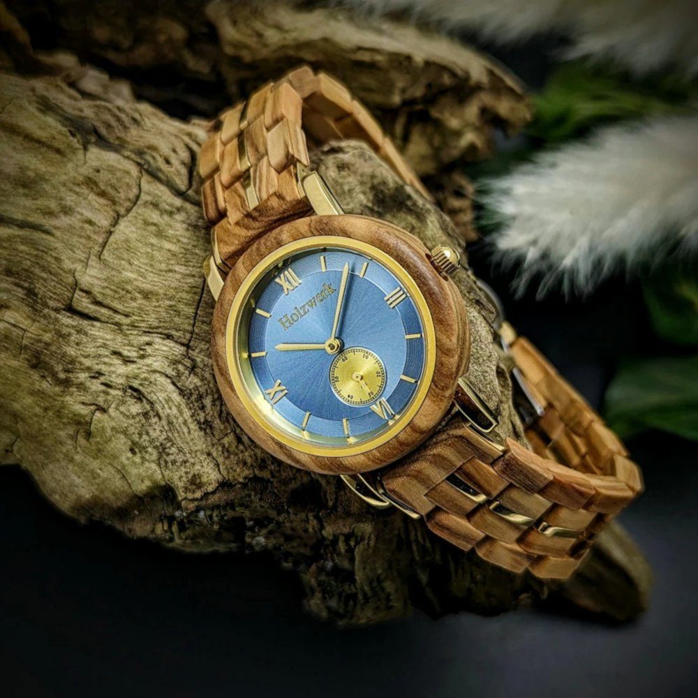 hell in Quarzuhr Holzwerk Armband BRANDIS & Damen Holz Uhr beige, blau gold ahorn kleine