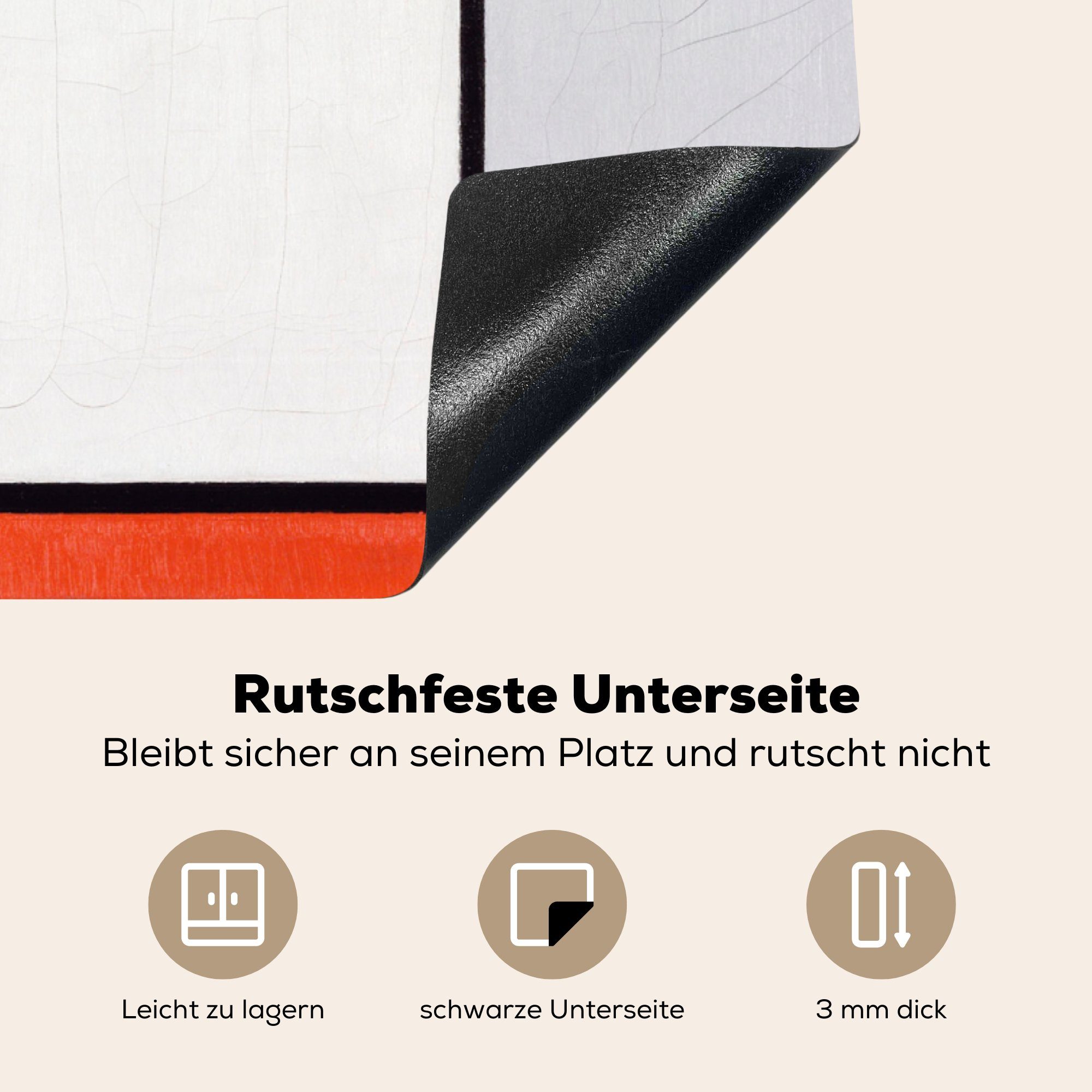 Piet Herdblende-/Abdeckplatte Mondrian, MuchoWow Arbeitsplatte tlg), Vinyl, und 1 (1 für 78x78 Ceranfeldabdeckung, Rot cm, Grau küche Komposition - mit
