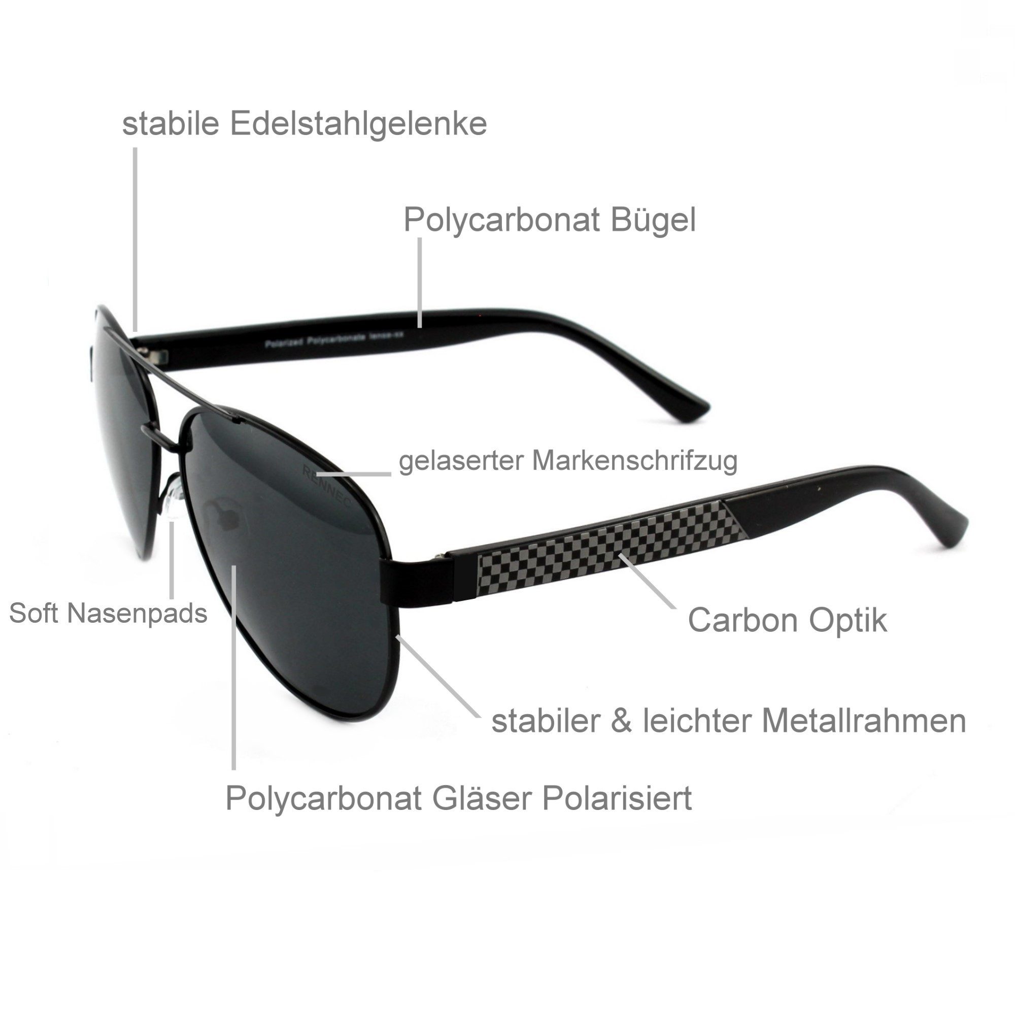 Rennec Sonnenbrille (Polarisierte Pilotenbrille Oversize Schwarz mit Brillenbox, 1x Piloten Sonnenbrille für Damen Herren in XL) Linsen Smoke Schwarz UV400 Getö – Bild 5 von 5