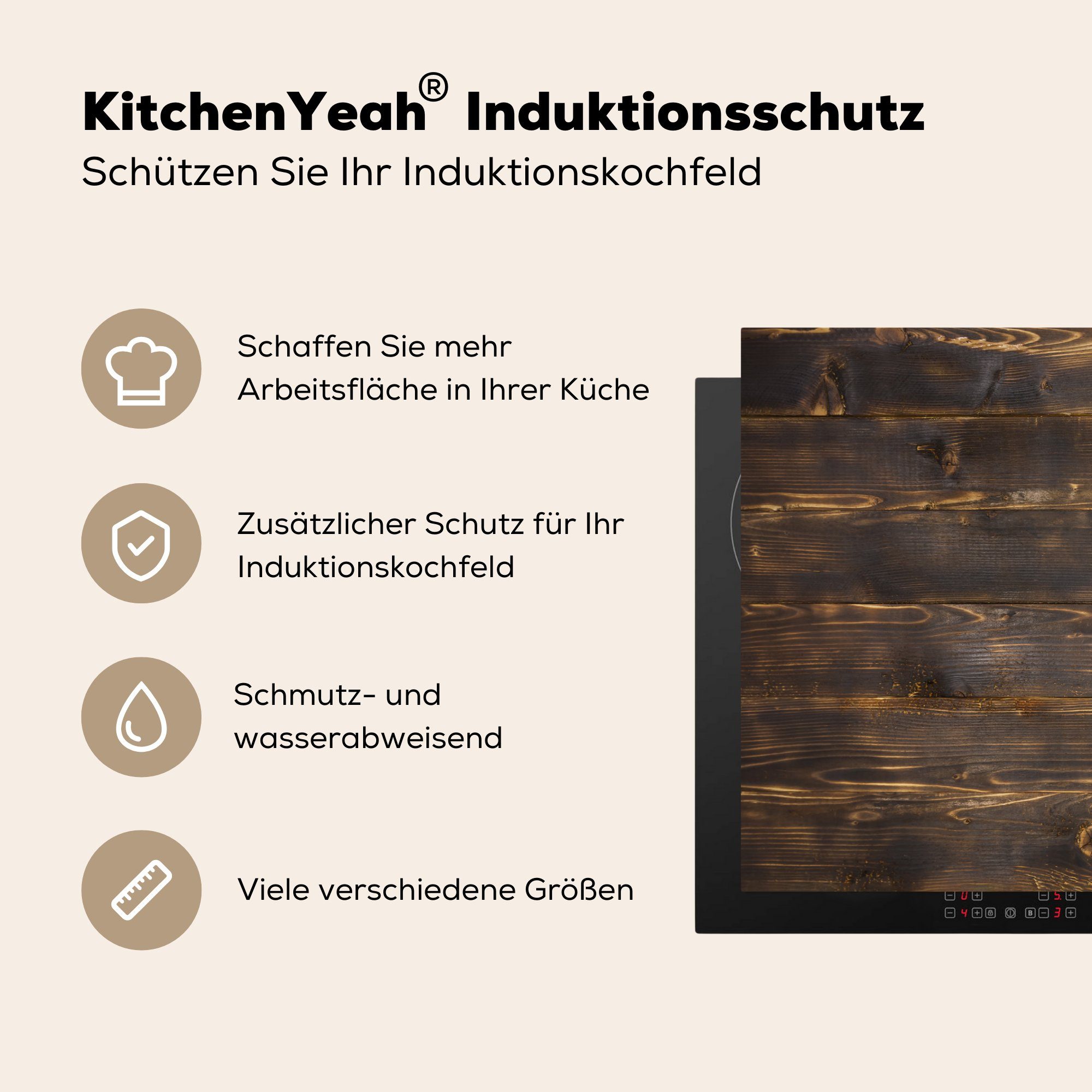 (1 küche, Induktionskochfeld Ceranfeldabdeckung Holzstruktur tlg), für MuchoWow Holz, dunklem Vinyl, aus die cm, Herdblende-/Abdeckplatte 81x52 Schutz