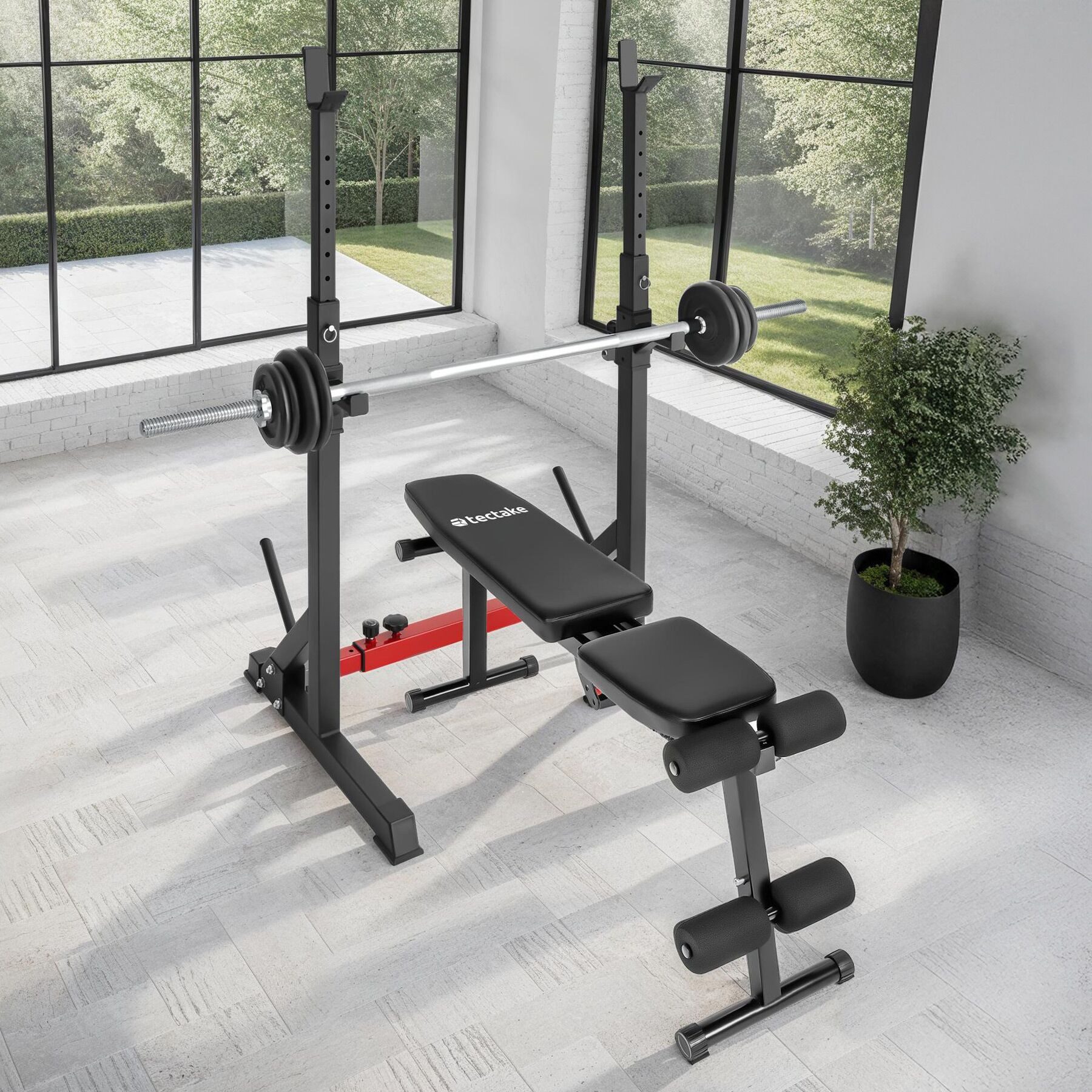 tectake Hantelbank Fitnessbank, bodenschonende Kunststoffkappen, multifunktional, (Trainingsbank Apollo, in schwarz), Mit oberer & vorderer Ablage, Höhe & Breite verstellbar, fester Stand