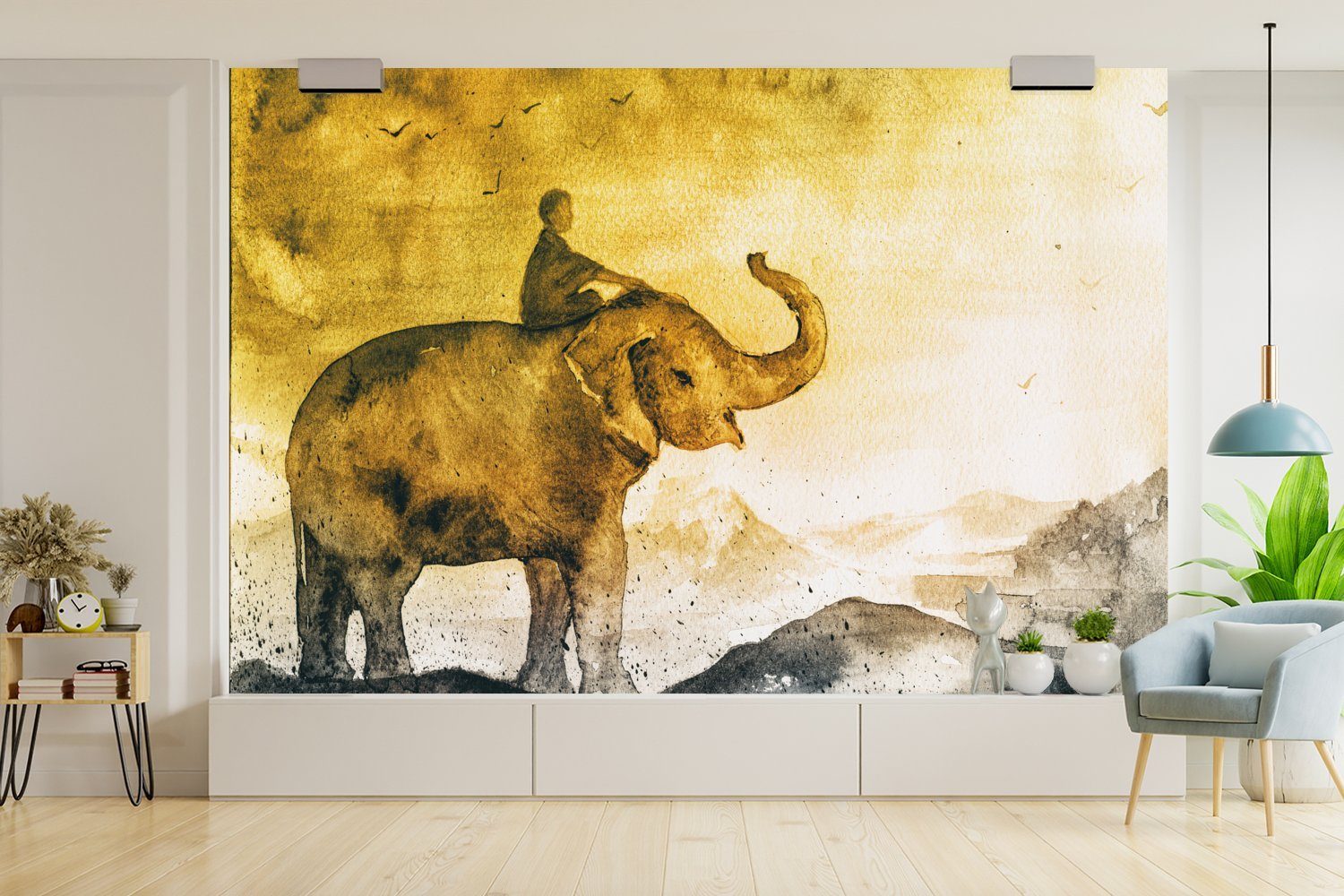 Tapete MuchoWow für Elefant Kind Berg Wallpaper Fototapete Aquarell, - St), (6 Vinyl Kinderzimmer, Wohnzimmer, bedruckt, Matt, - - Schlafzimmer,