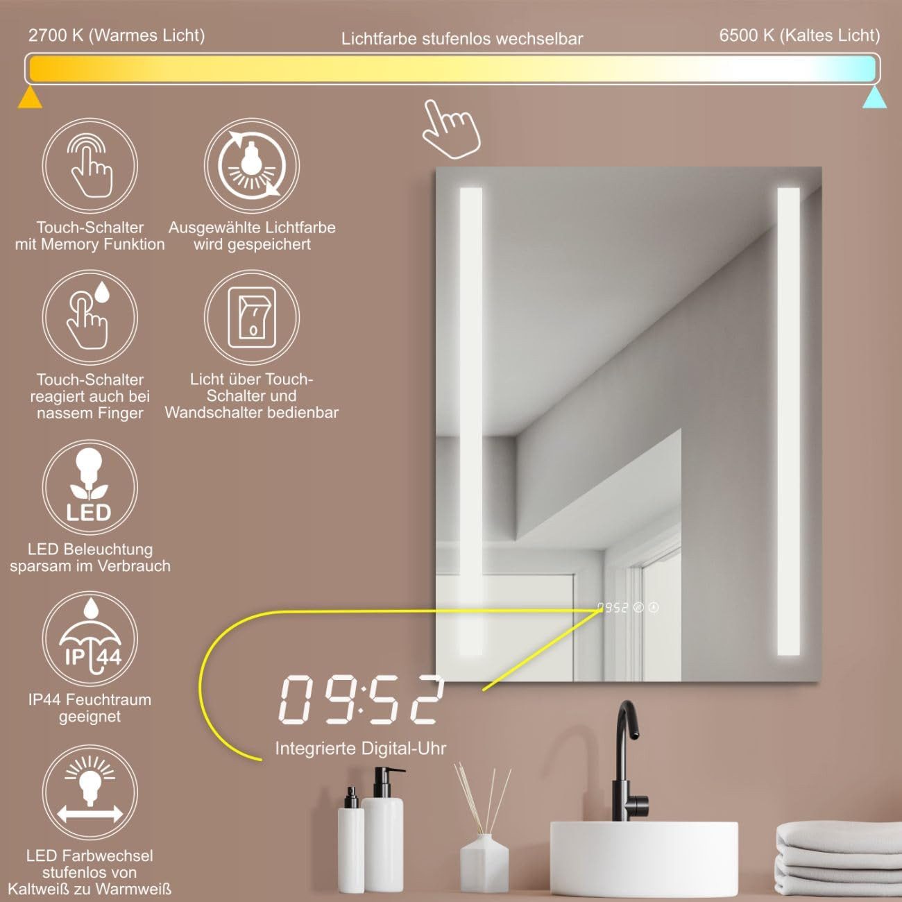 HOKO Badspiegel LED Design Wandspiegel 50x70/60x80cm+Digital Uhr+LED Wechsel (Warmweiß - Kaltweiß - Neutral. Licht mit Touch Schalter und mit Wandschalter einschaltbar. Memory-Funktion.IP44, 5mm HD Glass)