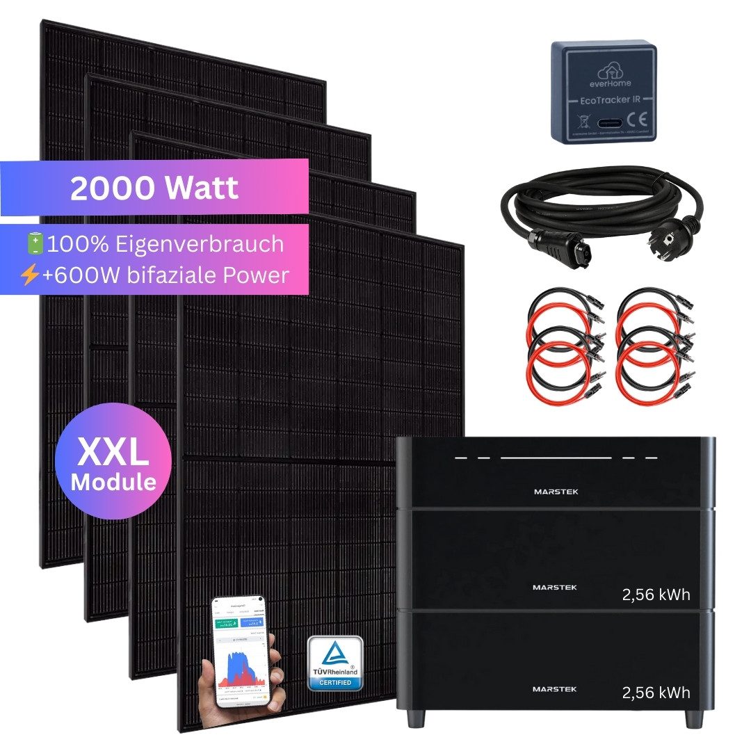MyVoltaics Balkonkraftwerk 2000+ Watt MIT SPEICHER Marstek Venus D bis 7,68 kWh Versand 0 €, 2000 W, 4 Module 500+ W bifazial, 2,56 kwh Speichererweiterungen nach Wahl, (Set komplett, 5-St., komplett steckerfertig für Steckdose und Solarmodule, erweiterbar), 800 W Netzausgang, Notstrom direkt am Speicher bis zu 2500 W