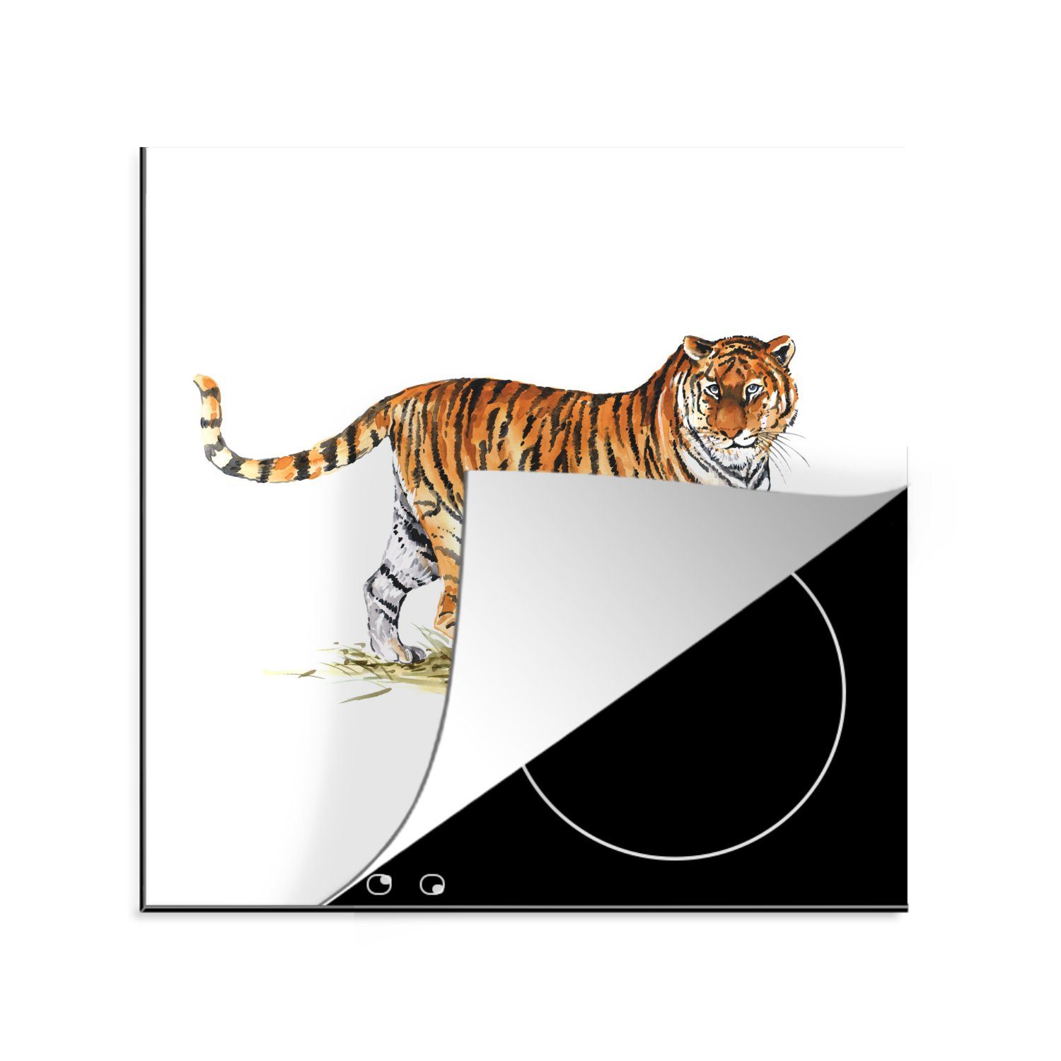 MuchoWow Herdblende-/Abdeckplatte Tiger - Malerei - Gras, Vinyl, (1 tlg), 78x78 cm, Ceranfeldabdeckung, Arbeitsplatte für küche
