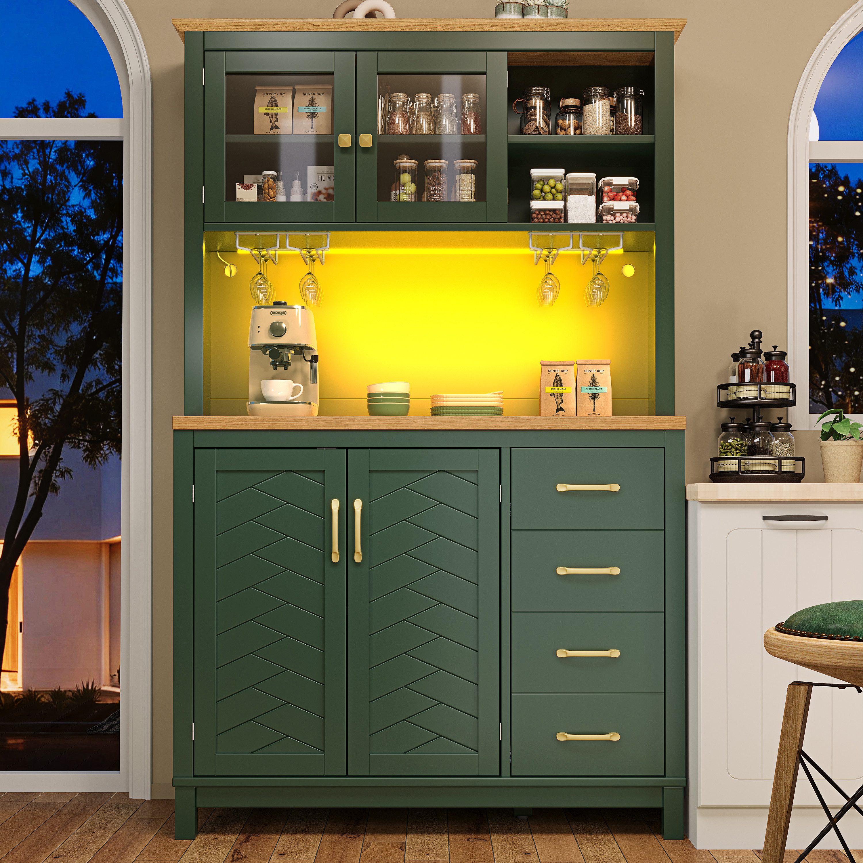 Celya Küchenbuffet Landhausstil mit LED und Getränkehalter (105.5x40x180cm, Mit 4 Türen und 2 Schubladen) für Küche, Esszimmer oder Wohnzimmer