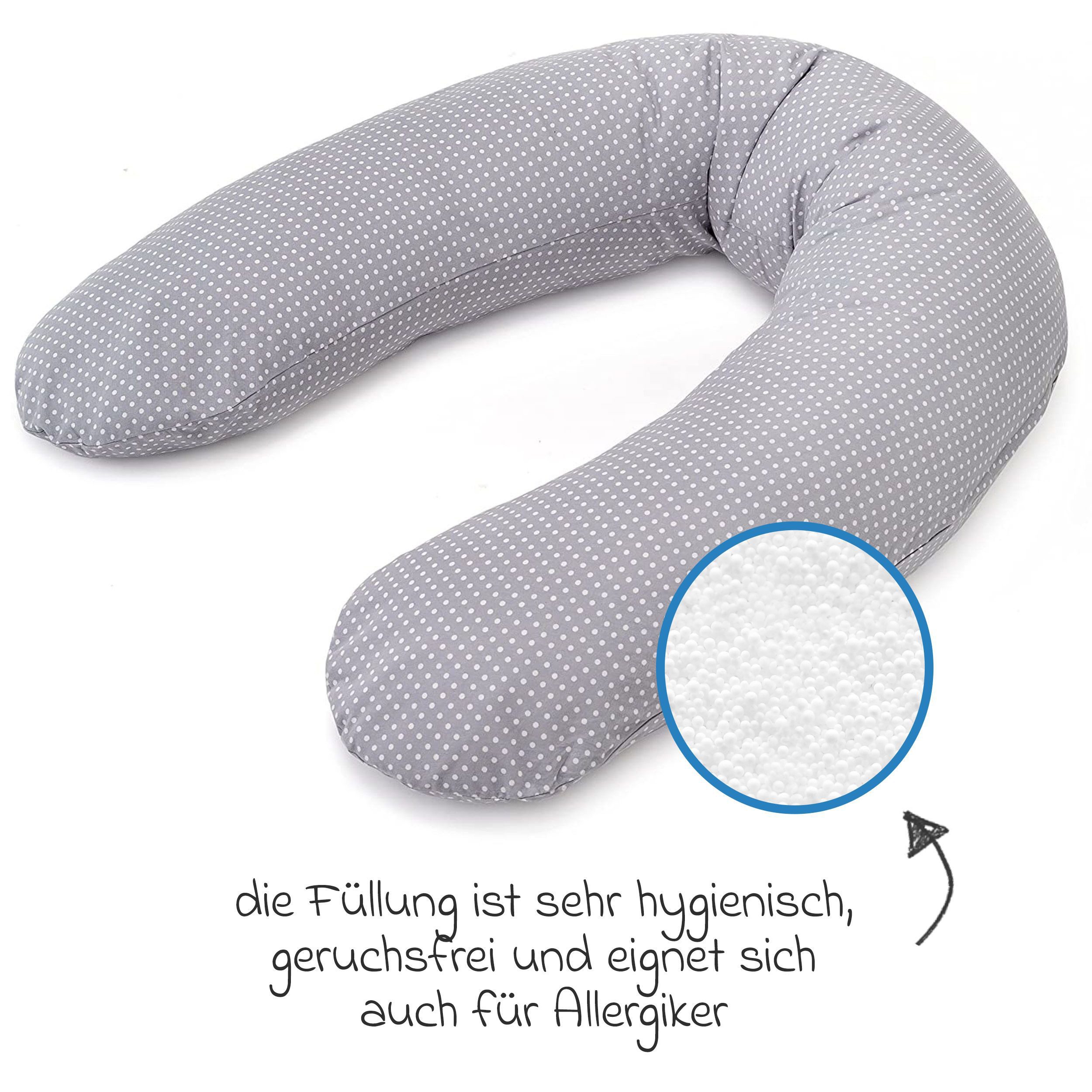 Theraline Stillkissen Dodo Premium - Polka Dots - Grau, Schwangerschaftskissen 180 cm inkl. Baumwoll-Bezug & 10x Mulltücher