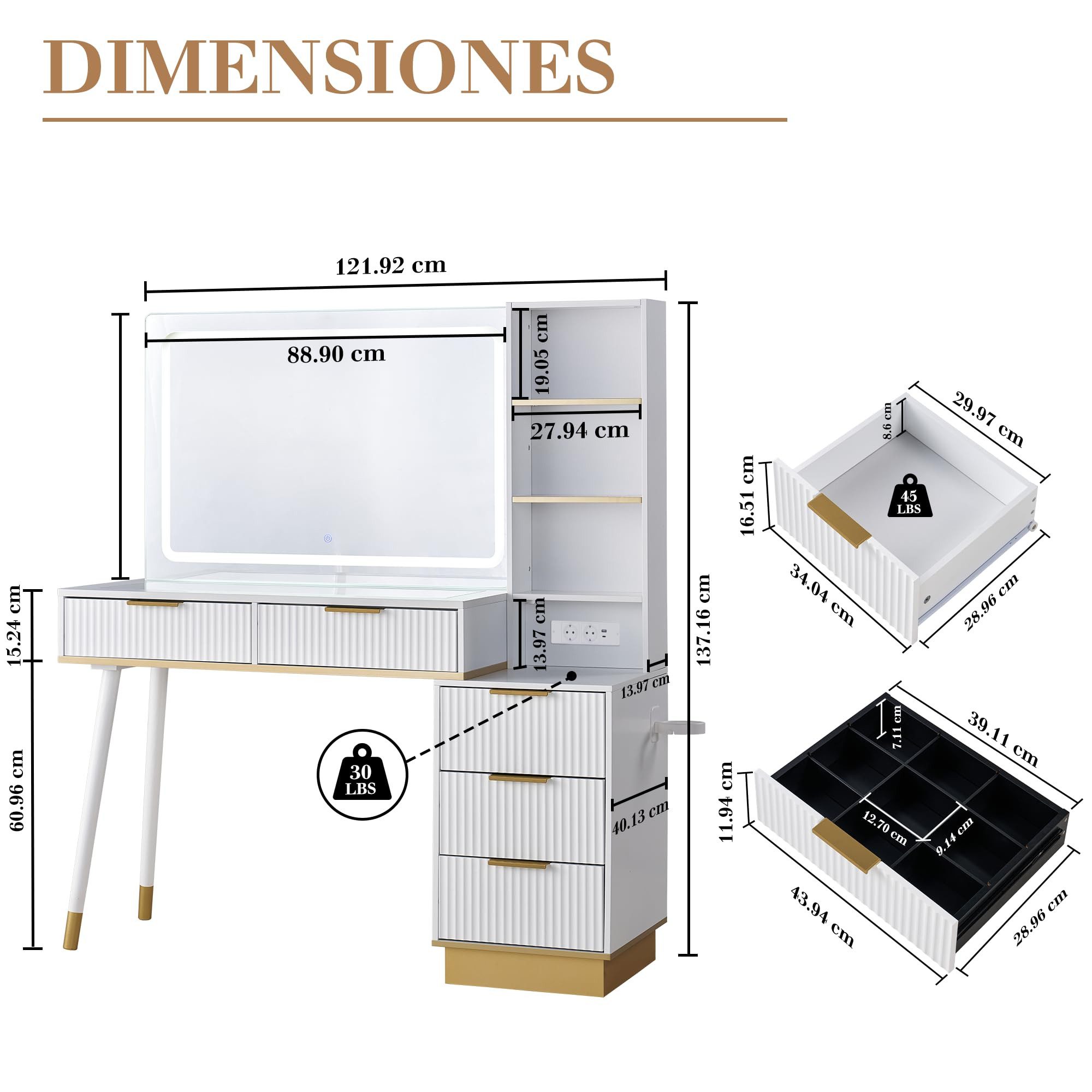 AMERLIFE Schminktisch Schminktisch 122cm Weiß-Gold mit LED-Spiegel und Glasplatte, Integrierte Ladestation, viel Stauraum & modernes Design – Bild 2 von 5