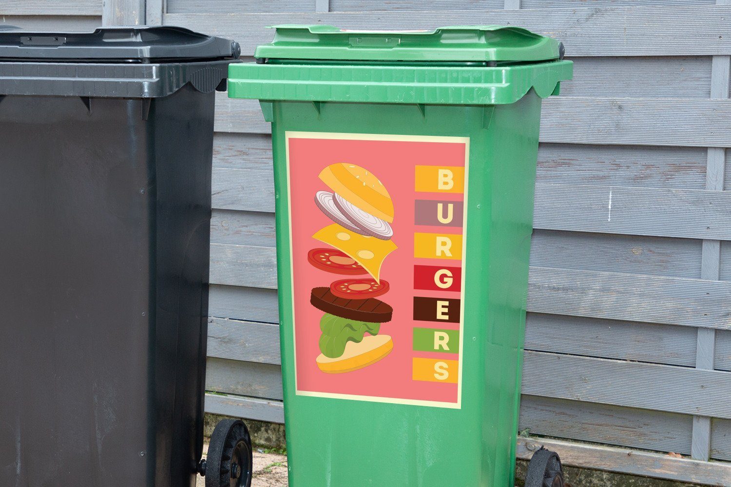 Burger - St), Abfalbehälter - Farbenfroh - Mülleimer-aufkleber, Mülltonne, Wandsticker Container, MuchoWow Mannshöhle Sticker, (1 Schnellimbiss