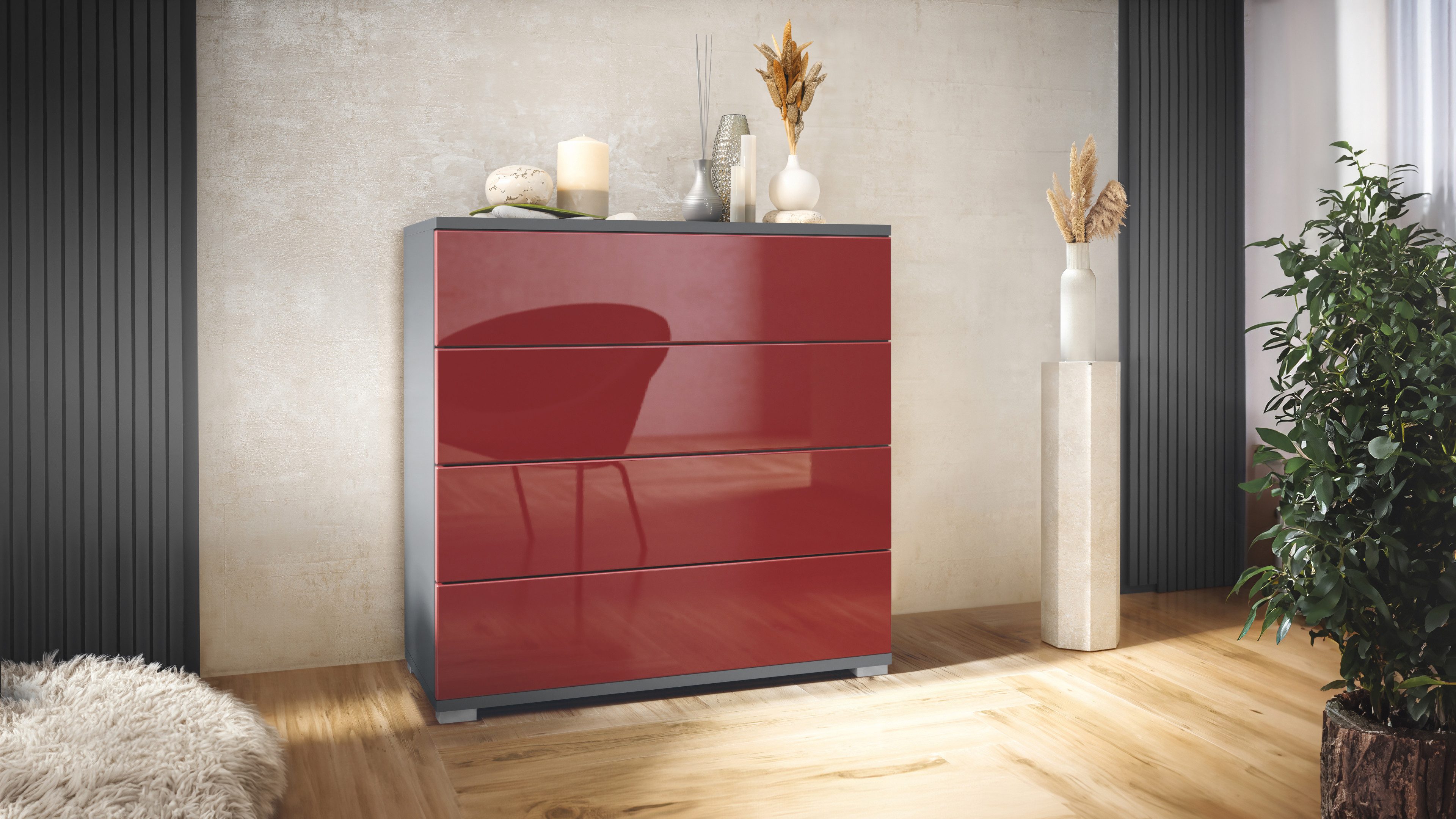 Vladon Kommode Pavos V3 (Sideboard, mit 4 Schubladen), Anthrazit matt/Bordeaux Hochglanz (76 x 76 x 35 cm)