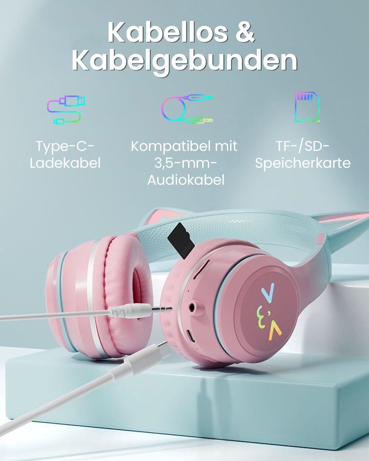 FOSMET Bluetooth Kopfhörer,RGB-LED-Leuchten,Bluetooth 5.1,HiFi Sound,Faltbare Over-Ear-Kopfhörer (60dB Rauschunterdrückung,Einstellbar,Kopfhörer Bluetooth für Reise)