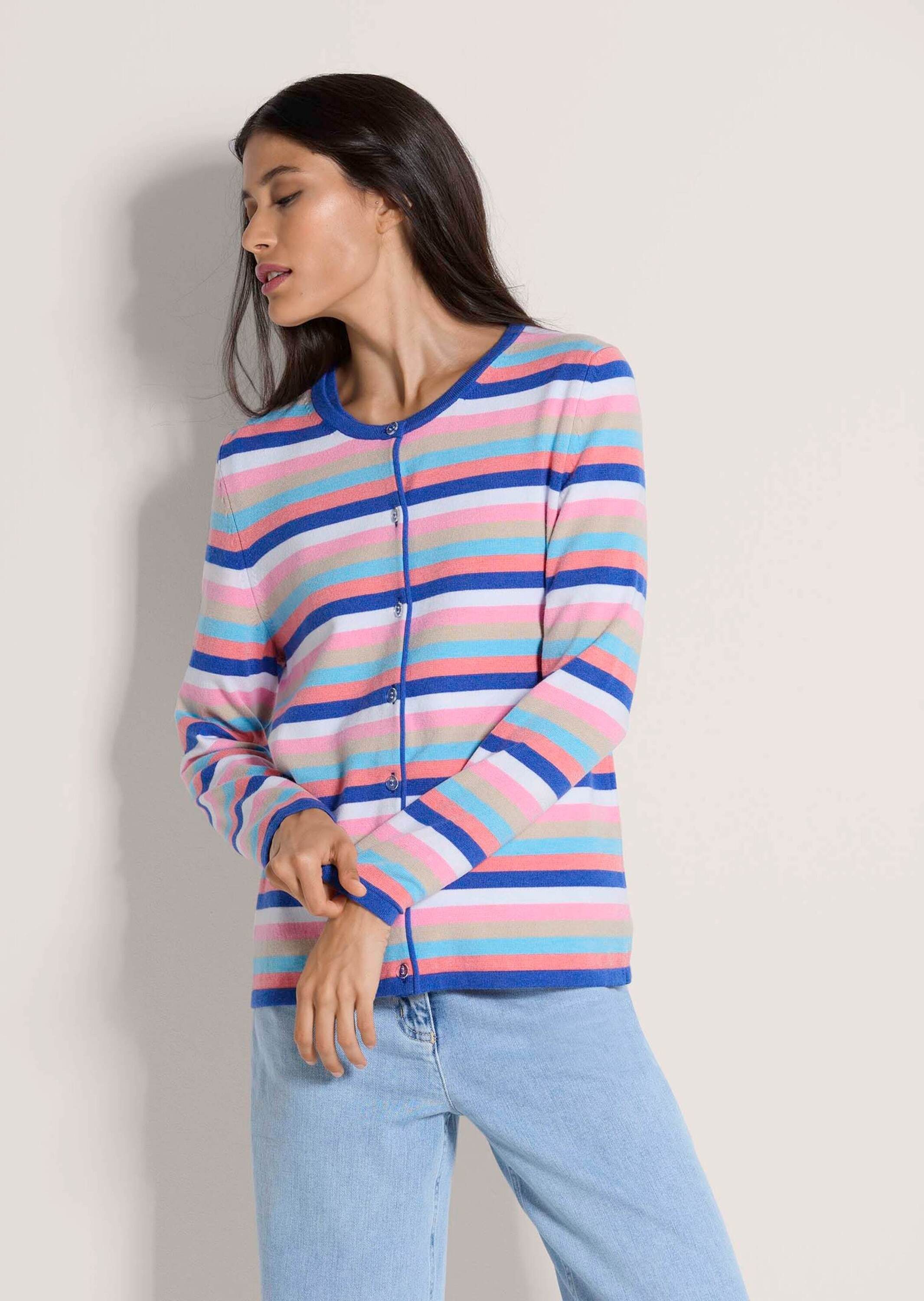 MADELEINE Strickjacke Streifenjacke aus Modal, Feinstrick, Rundhals Leichte Langarm Jacke mit buntem Muster, Knopfleiste