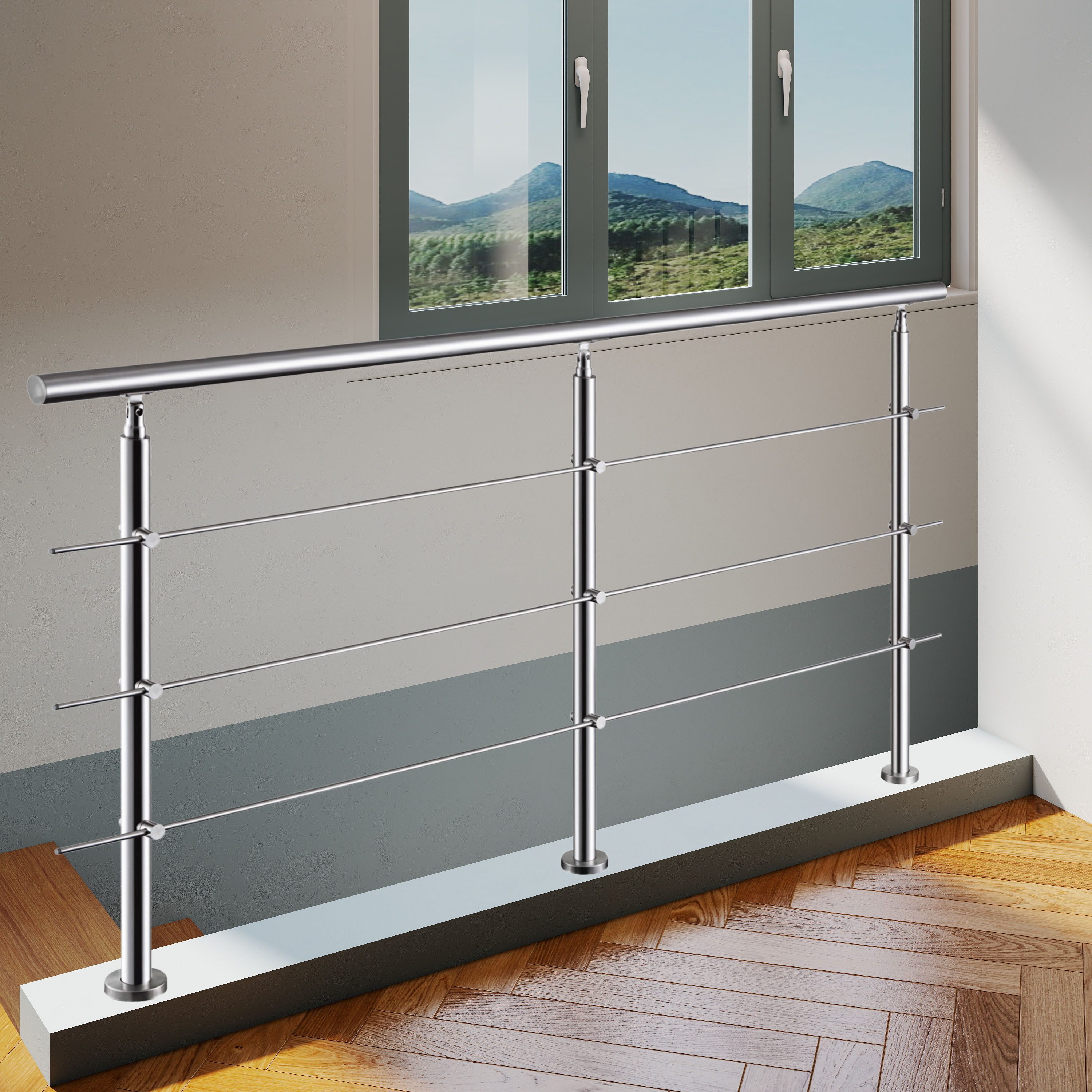 AICA Treppengeländer AICA Edelstahl-Geländer mit Handlauf, Länge 200/220/240 cm, 220 cm Länge, Packung, 3-tlg., Bodenmontage, 3 Pfosten und 3 oder 5 Querstäbe,  – Bild 4 von 5