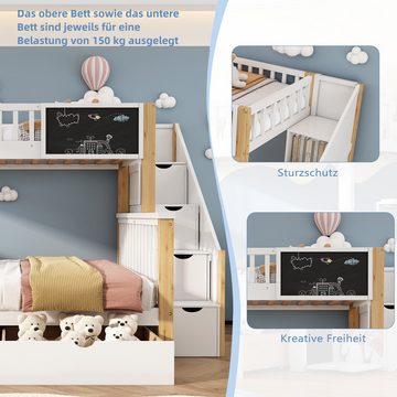 MODFU Etagenbett Kinderbett, mit Tafel Treppe Schubladen 90x200cm+140x200cm